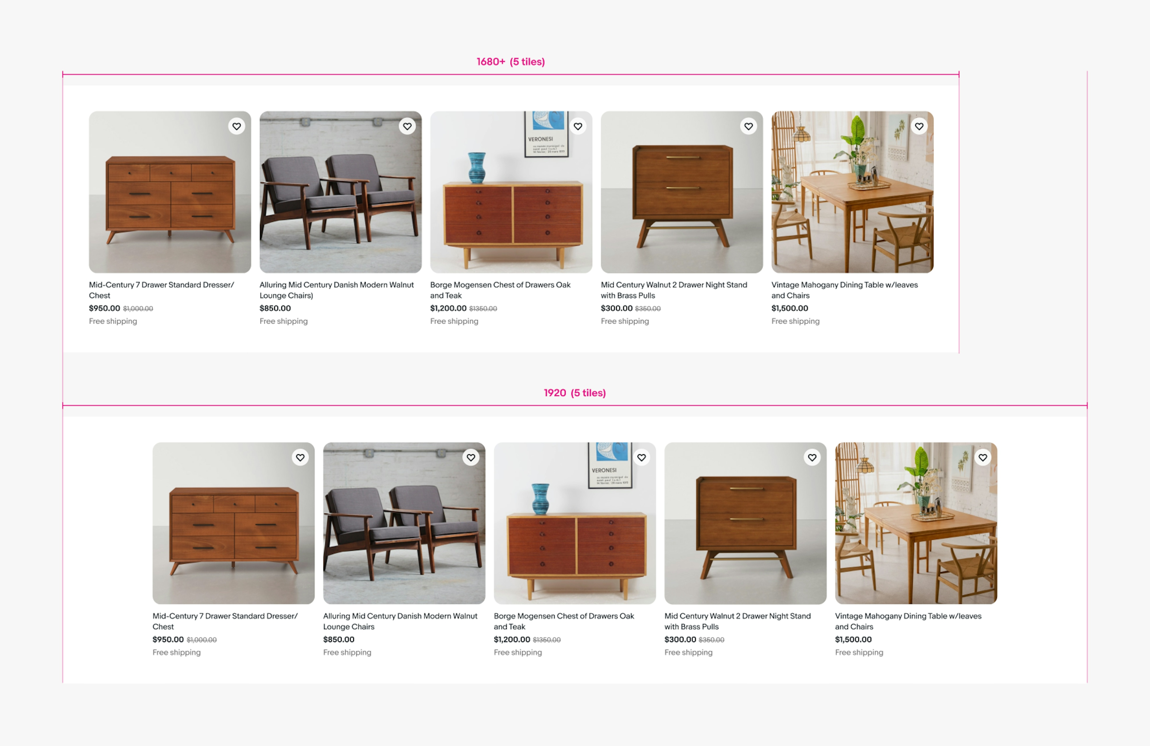 X-Large screen uniform grid layouts with 5 item tiles each.