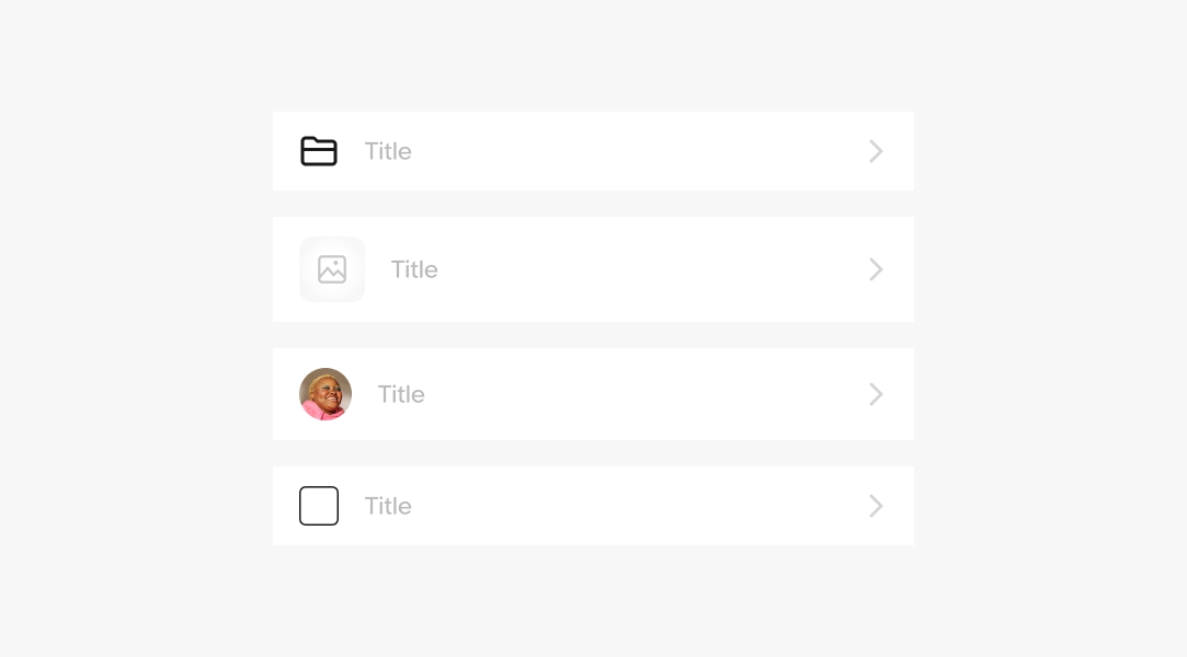 4 list rows are shown with different lead elements. The first list row has an icon, the second row has an image, the third has an avatar, and the fourth has a checkbox.