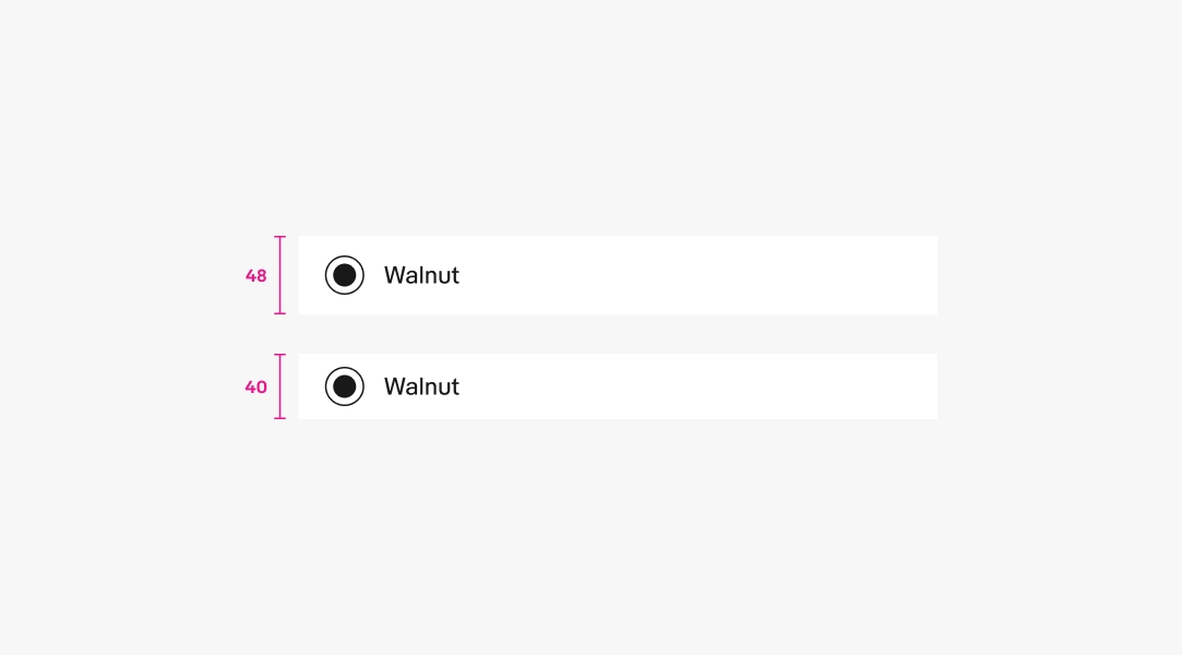 Two list rows with different heights. The first row is 48 pixels tall and the second row is 40 pixels tall.