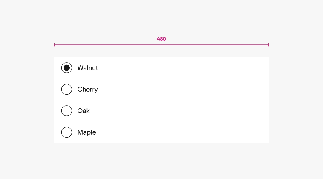 A list row group containing 4 list rows are stretched to their recommended maximum width of 480 pixels wide.