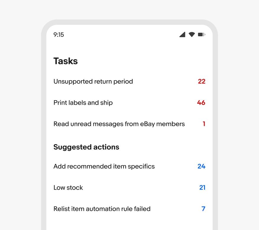 A mobile screen with two sections. Each section has a section title and list group. The list rows fill the width of the screen. Each row has a single line of text in the content area and a trailing text element indicating the total number of items available for each list row.