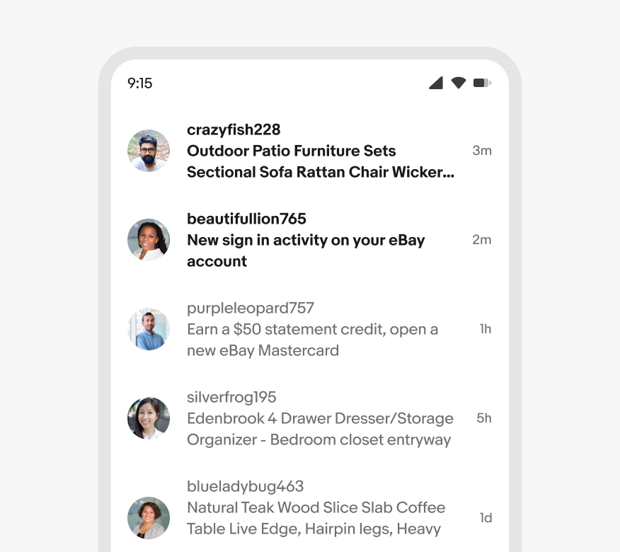 A mobile screen with a single list group representing direct messages. The list group has 5 visible list rows, each with a leading avatar, a title and description in the content area, and a trailing text element with metadata indicating when the message was received.