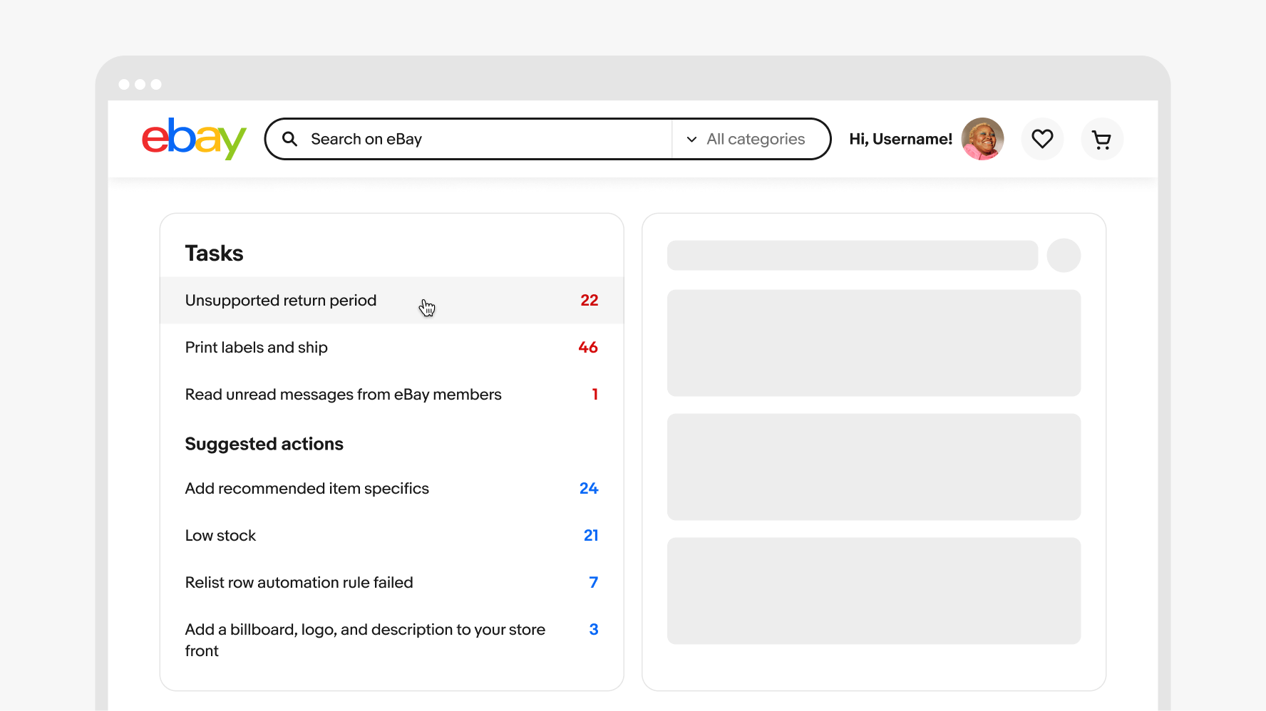A medium screen with a navigation header and two columns. The first column has two sections, each with a section title and a list group. Each list row has a single line of text in the content area and a trailing text element indicating the total number of items available for each list row. The other column has grey boxes representing content containers.