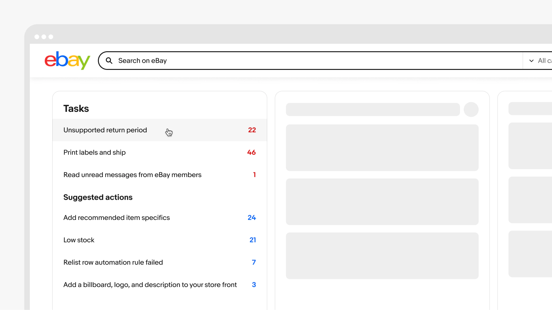A large screen with a navigation header and three columns. The first column has two sections, each with a section title and a list group. Each list row has a single line of text in the content area and a trailing text element indicating the total number of items available for each list row. The other two columns have grey boxes representing content containers.