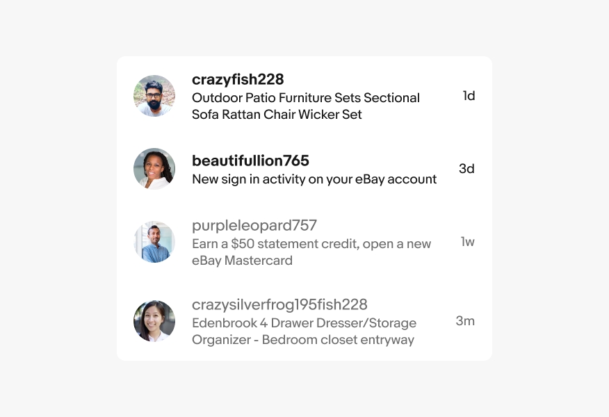 A list group with 4 list rows. Each list row has a leading avatar, a title and description, and trailing metadata. This congruent list of similar elements omit dividers.