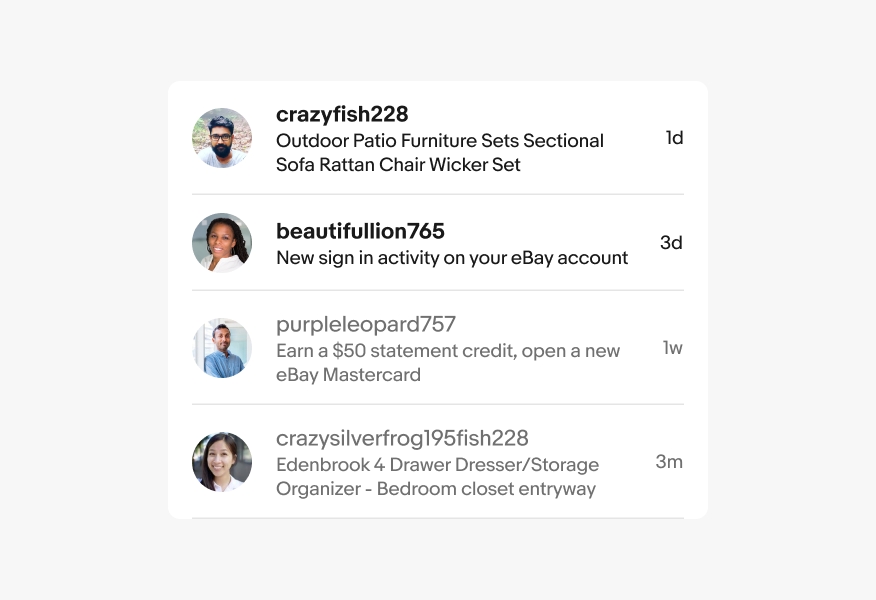 A list group with 4 list rows. Each list row has a leading avatar, a title and description, and trailing metadata, and dividers between each list row. This is an example of incorrect application of dividers in a congruent list.