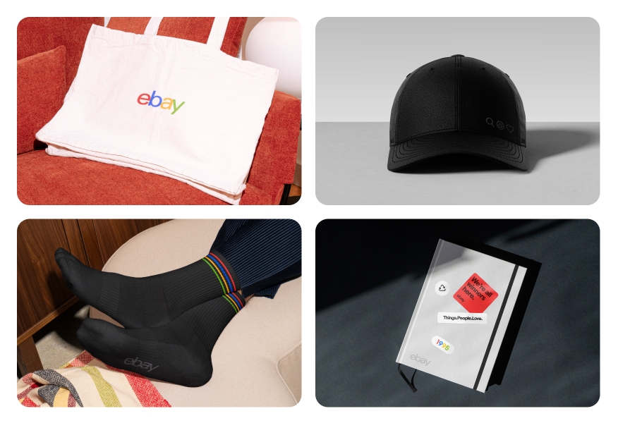 A set of 4 pieces of merchandise including a white tote with the 4-color logo front and center, a white notebook with an embossed logo in the corner, black socks with a tonal logo on the bottom, and a black cap with a hidden logo.