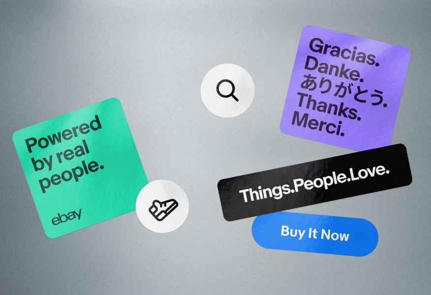 An assortment of Evo stickers, including a white rounded rectangular sticker with our tagline in black, violet and jade rounded square stickers featuring Market Sans, two circular stickers with our Search and Sneaker icons in black, and a blue rounded rectangle fashioned to look like our Buy It Now button.