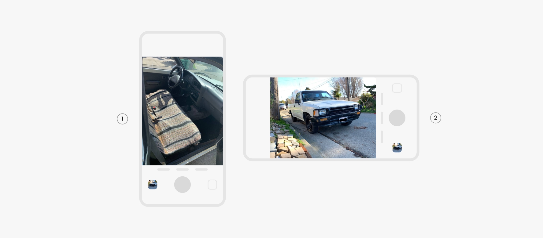 Devices using native image capture. Number 1 points to portrait orientation. Number 1 points to landscape orientation.