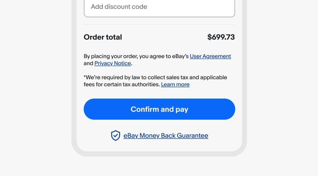 A checkout screen containing a matching icon and legal link for eBay Money Back Guarantee