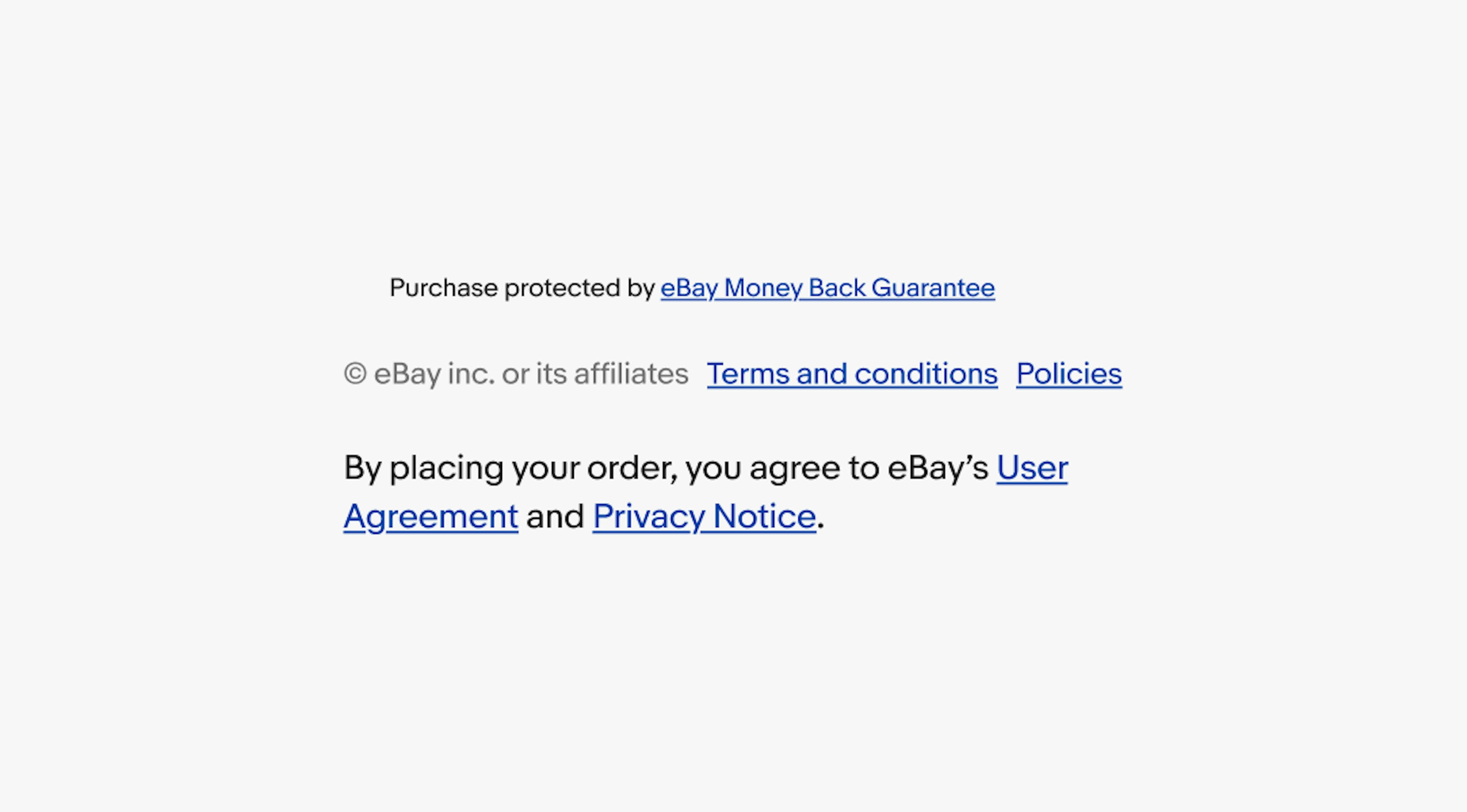 Three different text blocks in different sizes. The legal links in each are the same size and color as the surrounding text.