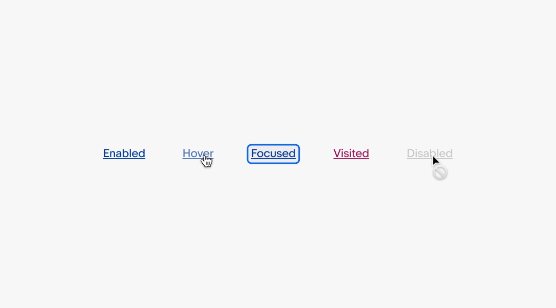 The different states lined up for legal links. From left to right are enabled, hover, focused, visited, and disabled.