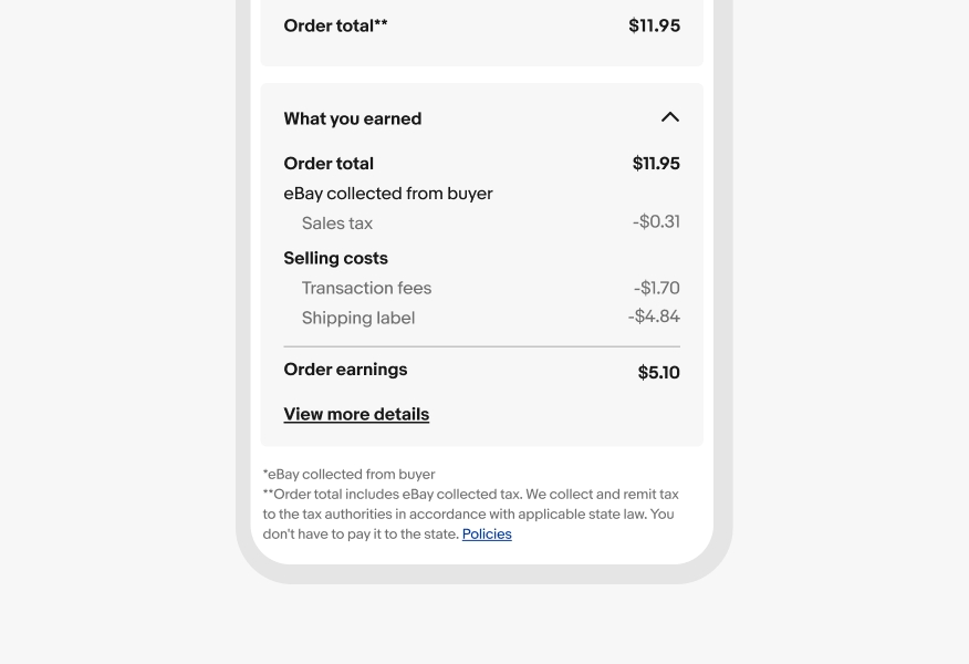 An order details page with legal text followed by a legal link for “Policies” inline with the paragraph.