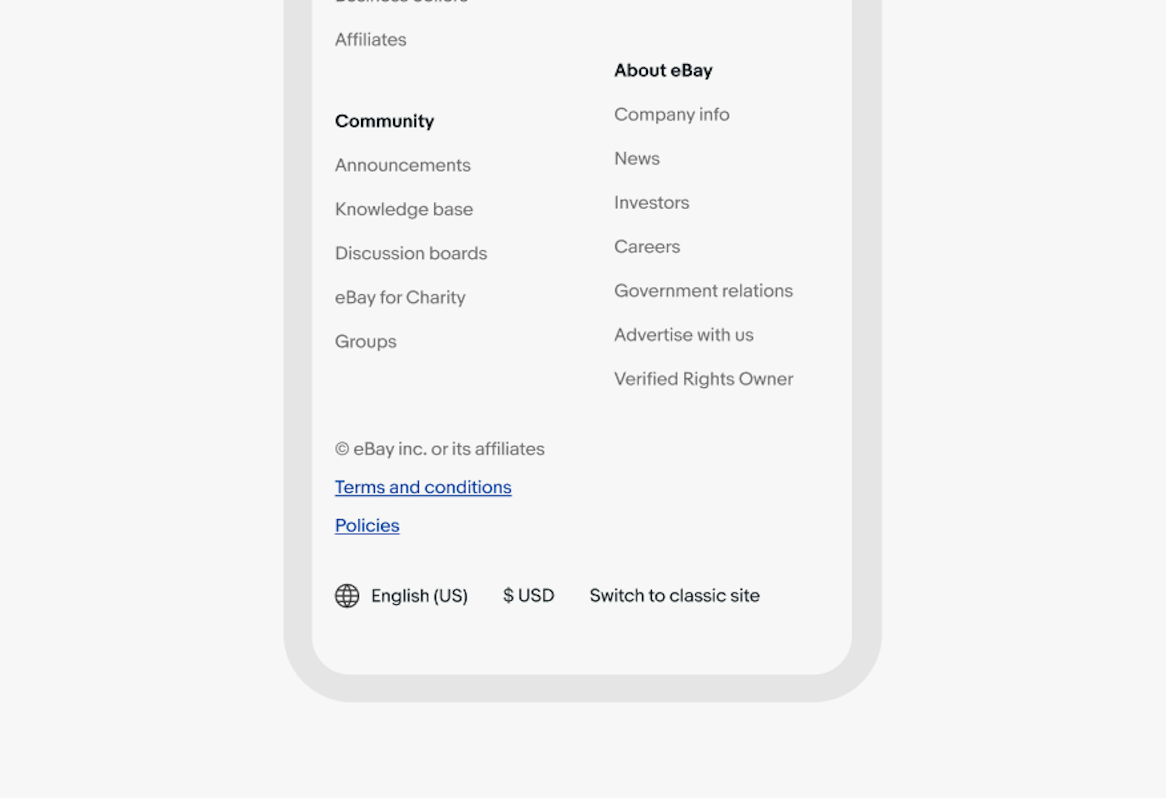 A page footer with legal links to “Terms and Conditions” and “Policies” using the correct blue color.