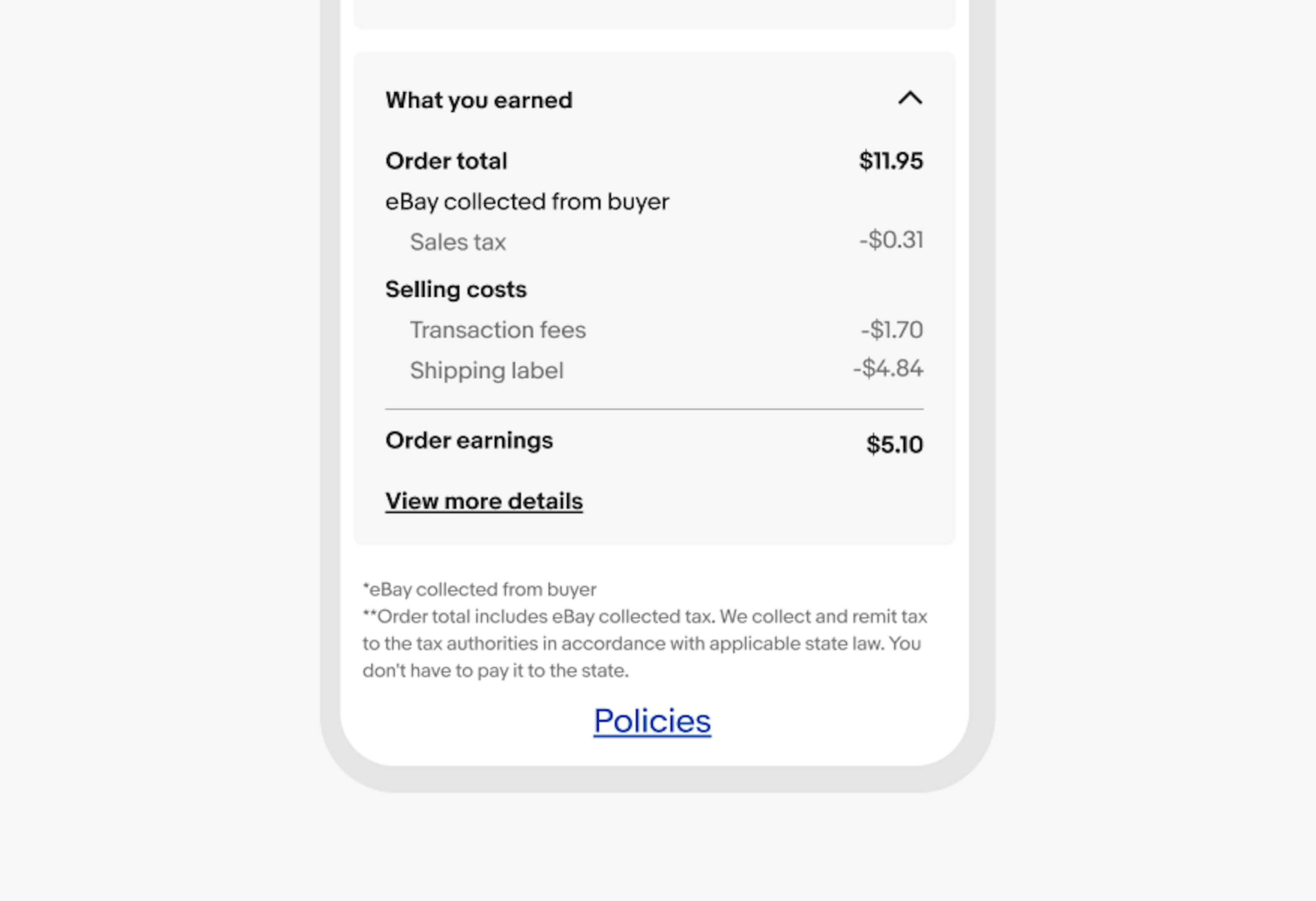 An order details page with legal text followed by a incorrectly emphasized legal link for “Policies”.