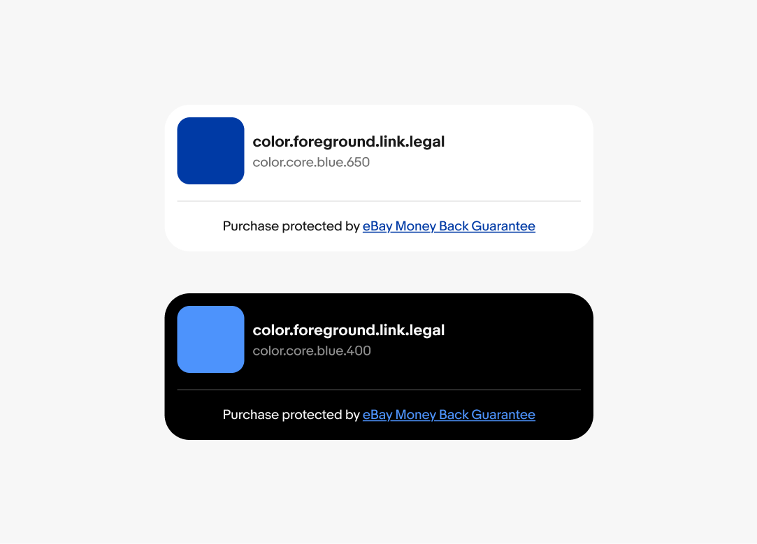 A set of color swatches for legal links. Light mode: color.foreground.link.legal with a reference of color.core.blue.650, or #003AA5. Dark mode: color.foreground.link.legal with a reference of color.core.blue.400, or #4D93FC.