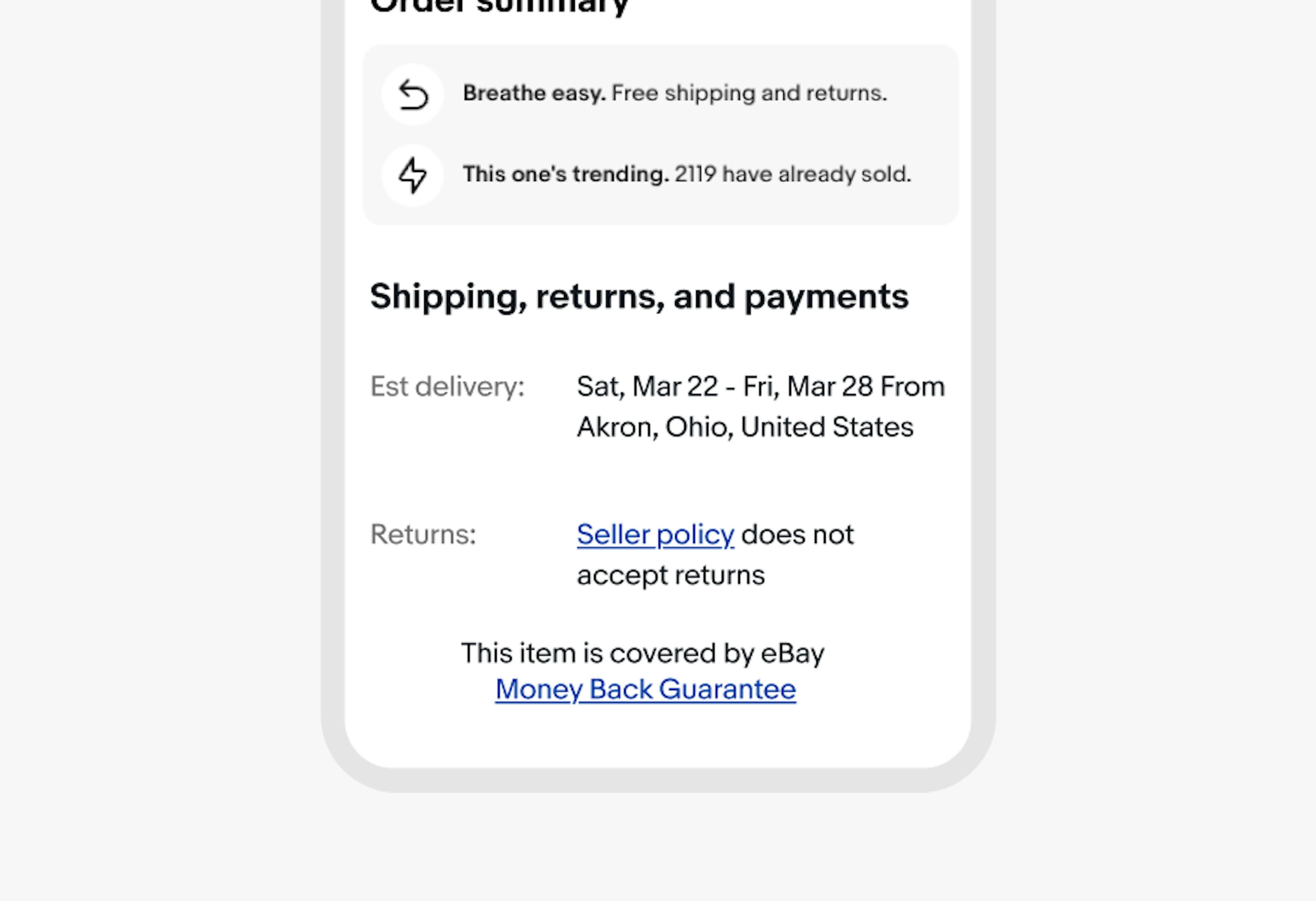 An order details page with legal text followed by a legal link for “Policies” inline with the paragraph incorrectly styled with a light color.