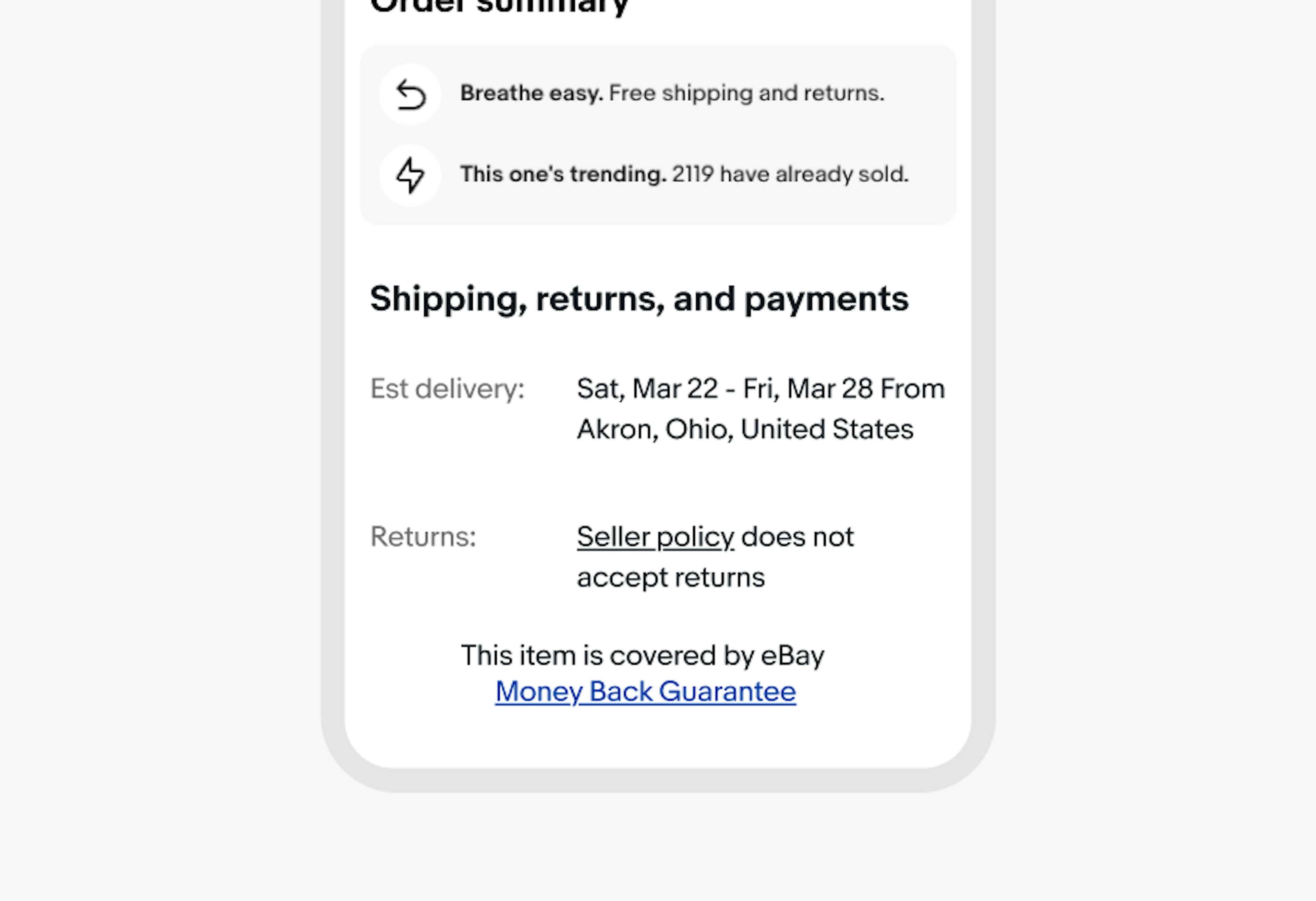 An order details page with legal text followed by a legal link for “Policies” inline with the paragraph styled correctly.
