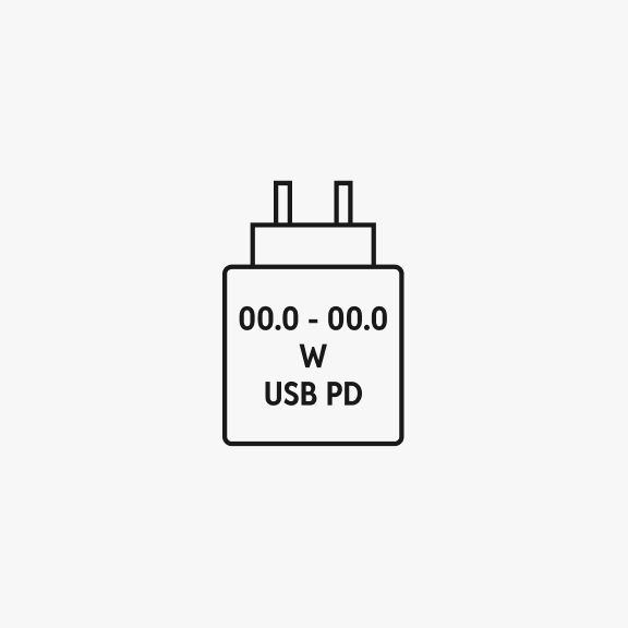 The “Charger details” type of CCD. It depicts a charger inside with no rectangle, and stacked 3 lines of type inside, “00.0 - 00.0”, “W”, and “USB PD”.