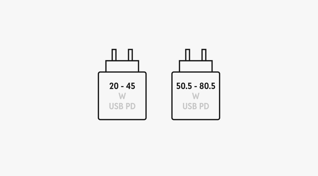 Two CCD charger detail pictograms. The power range is on the top. The left has a range of 20 - 45, and the right is 50.5 - 80.7.