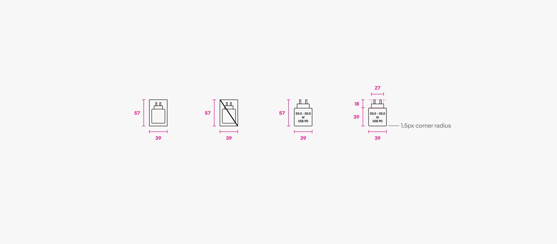 Specs for CCD has charger, doesn’t have charger, and charger details pictograms. Each are 57px tall. Has/doesn’t have charger are 39px wide. Charger details is 39px wide with 7/8px type that is bold. Charger details is made of two parts: top which is 18px tall and 27px wide, and bottom which is 39px tall and 39px wide with a 1.5px corner radius. The type is Reddit Sans Condensed bold.