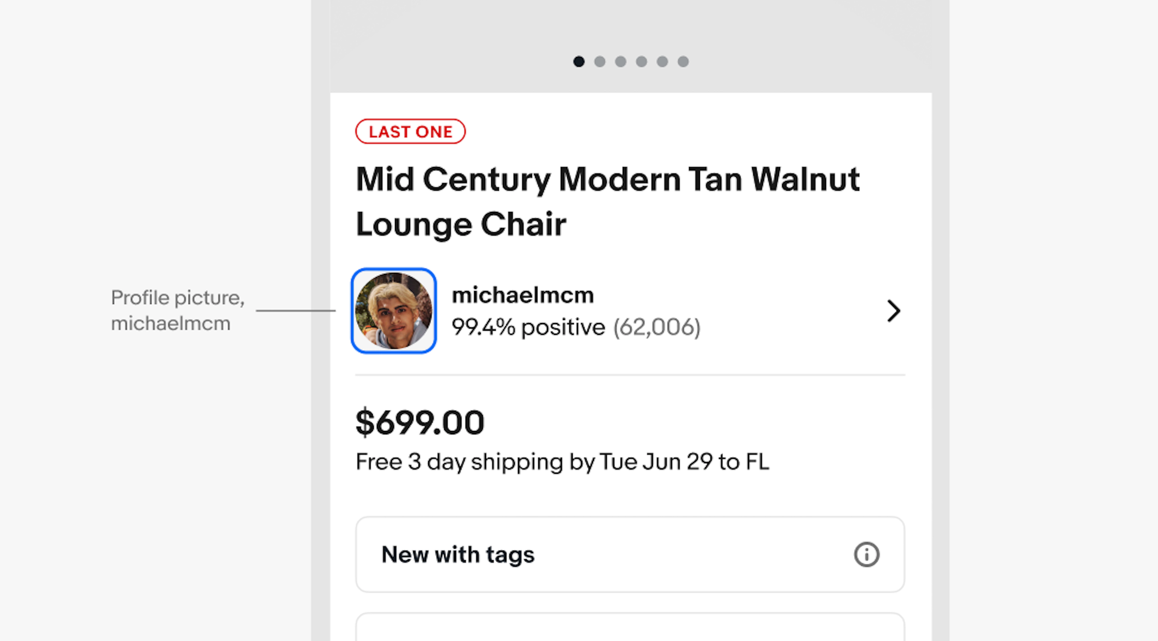 A small screen design with an item title above an avatar row containing an image avatar, name, positive rating, and a right-facing chevron. The avatar has a blue keyboard focus outline around it. Text points to it from the side with “Profile picture, michaelmcm”.