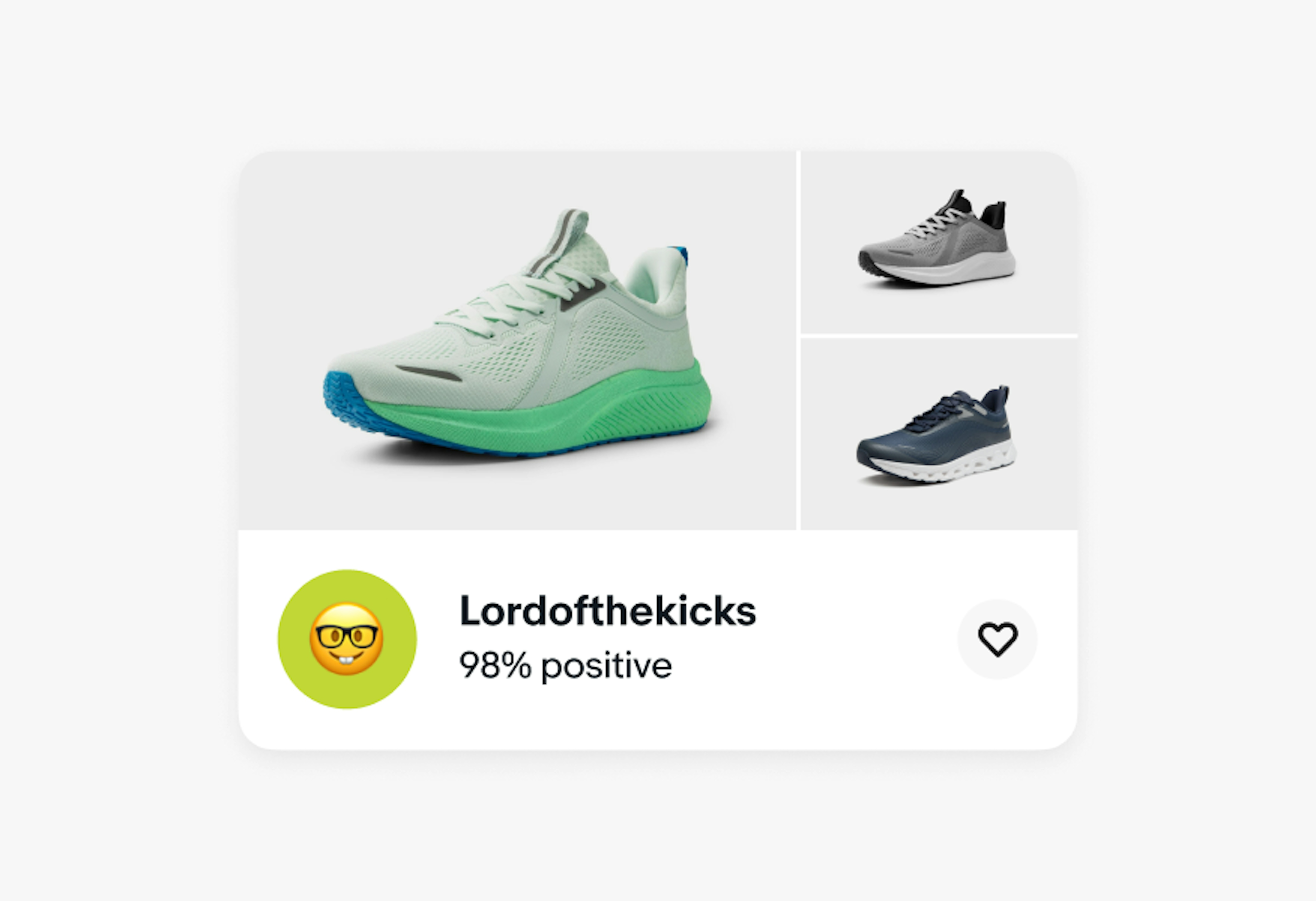 A dynamic avocado avatar with an emoji inside placed in a store card with 3 images of sneakers.