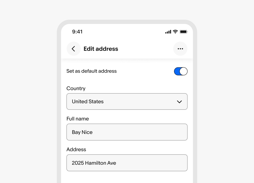 Edit address page with multiple inputs where the user can add or edit their information.