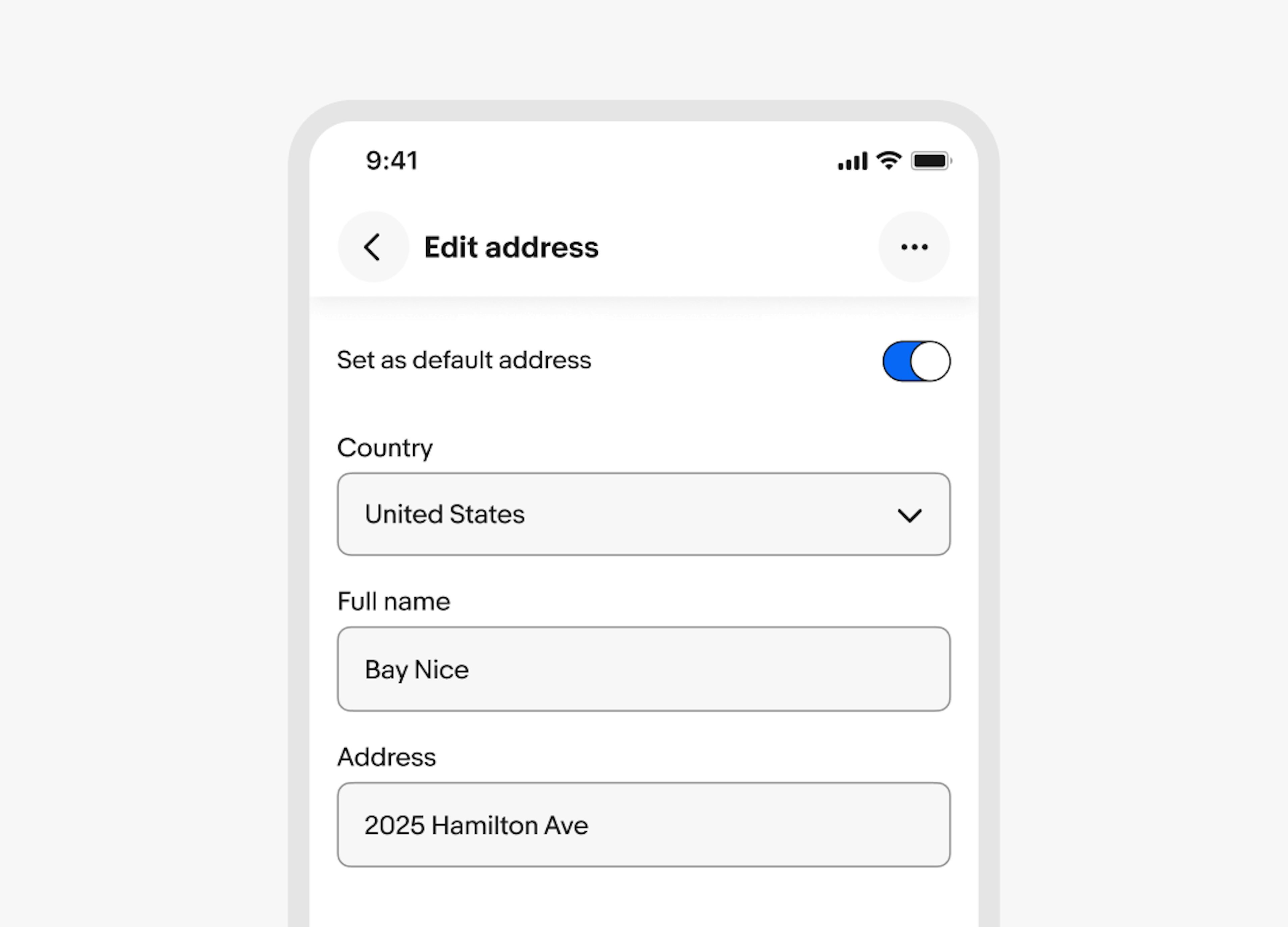 Edit address page with multiple inputs where the user can add or edit their information.