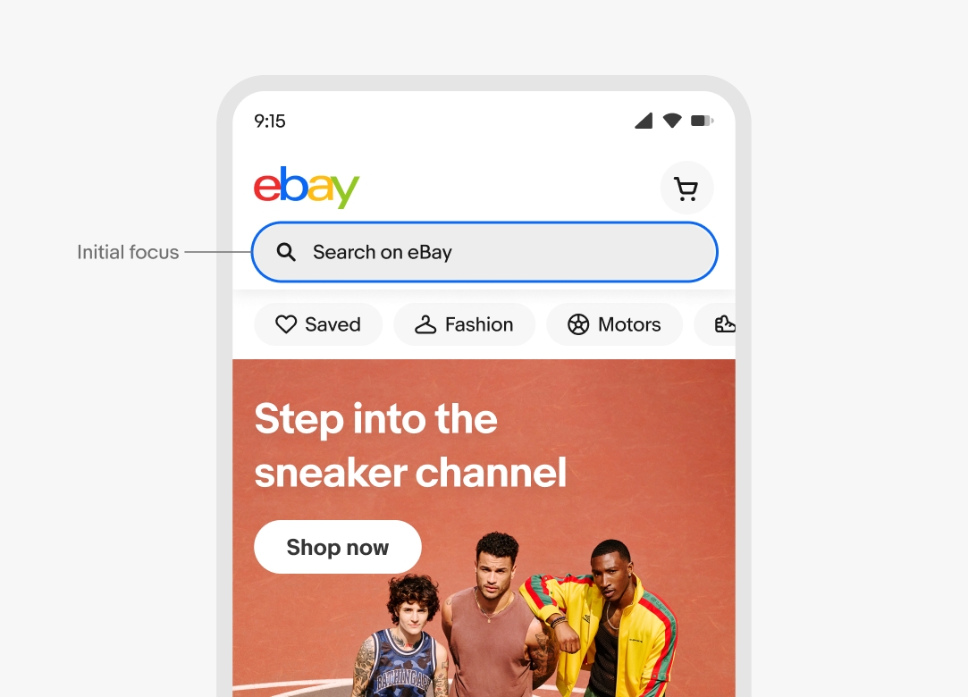 eBay homepage with a search bar highlighted by a blue outline, indicating it's selected. The pointer is showing its initial focus point.