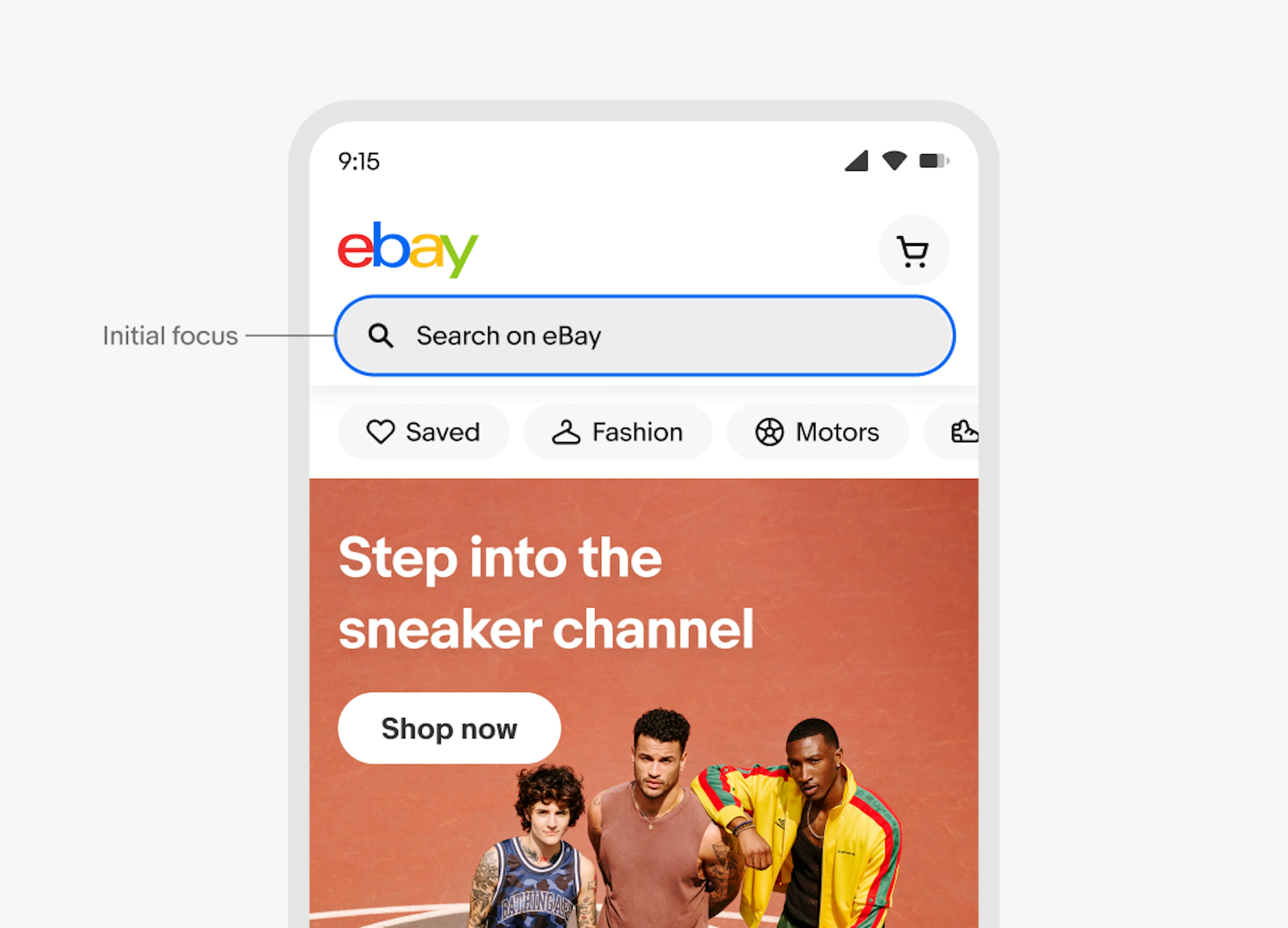 eBay homepage with a search bar highlighted by a blue outline, indicating it's selected. The pointer is  showing its initial focus point.