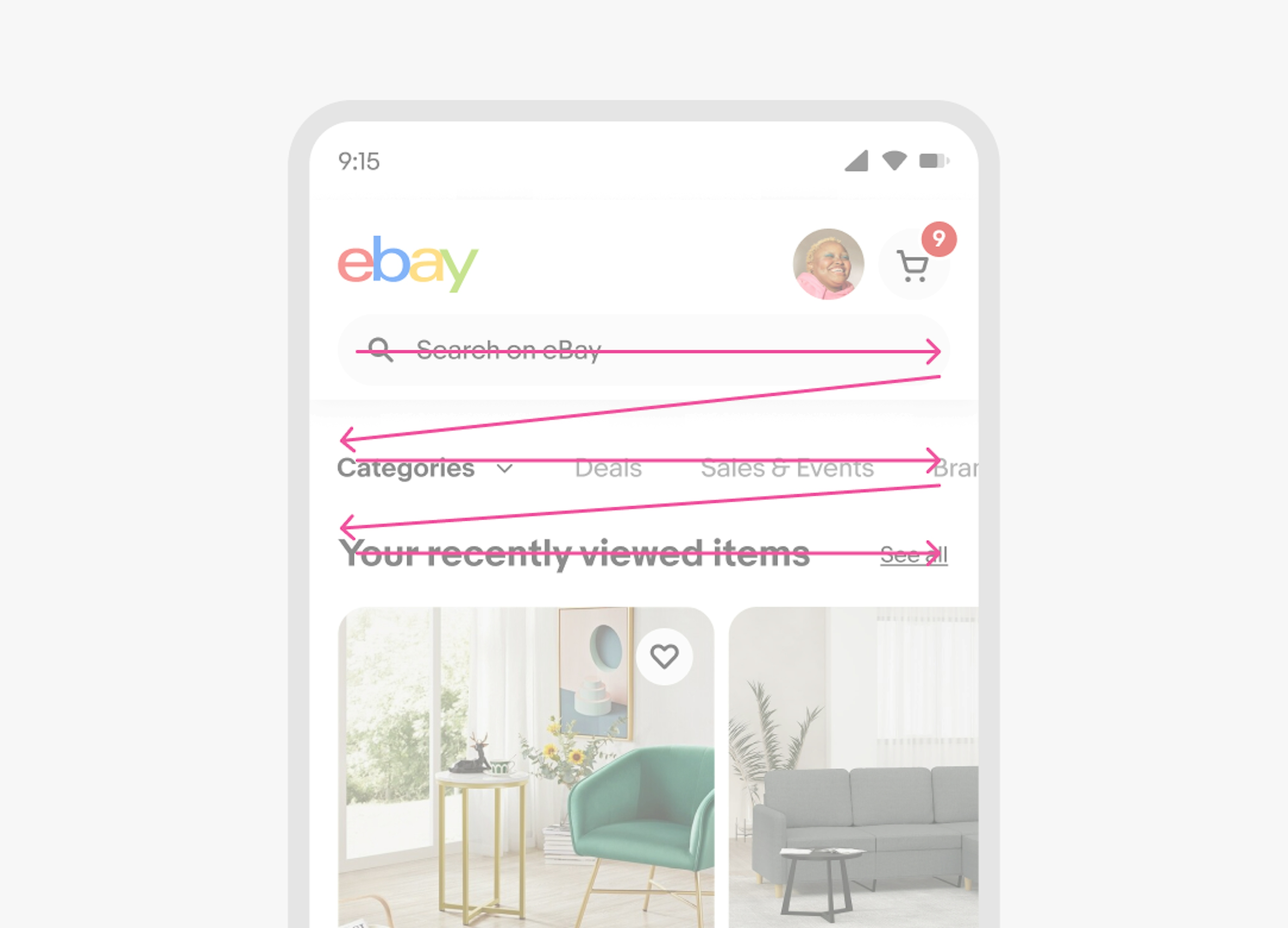 eBay homepage with visual indicator showing the reading order for the screen content.