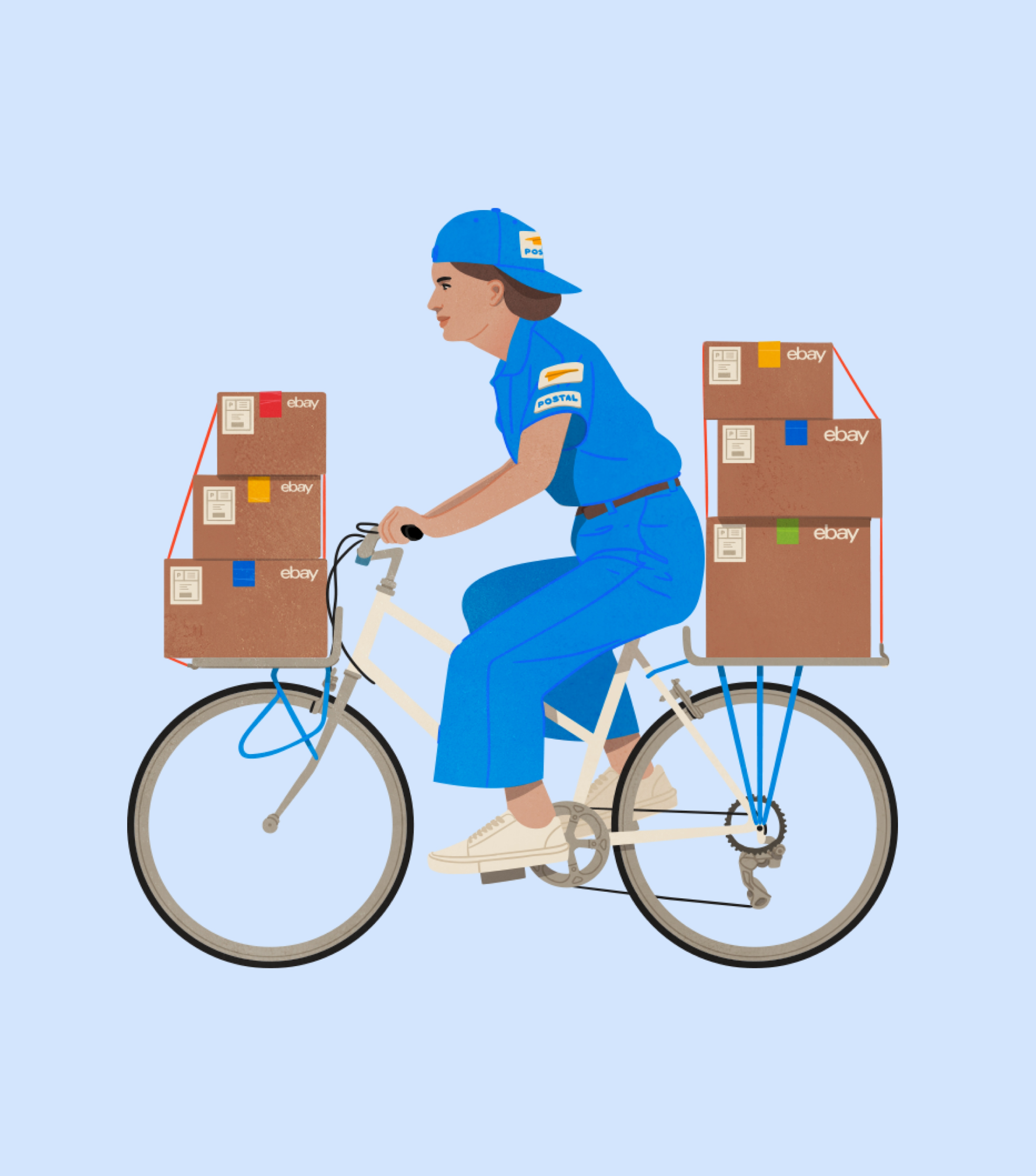 A colorful illustration of a woman riding a bike with 3 eBay boxes strapped to the front and back racks of her bike.