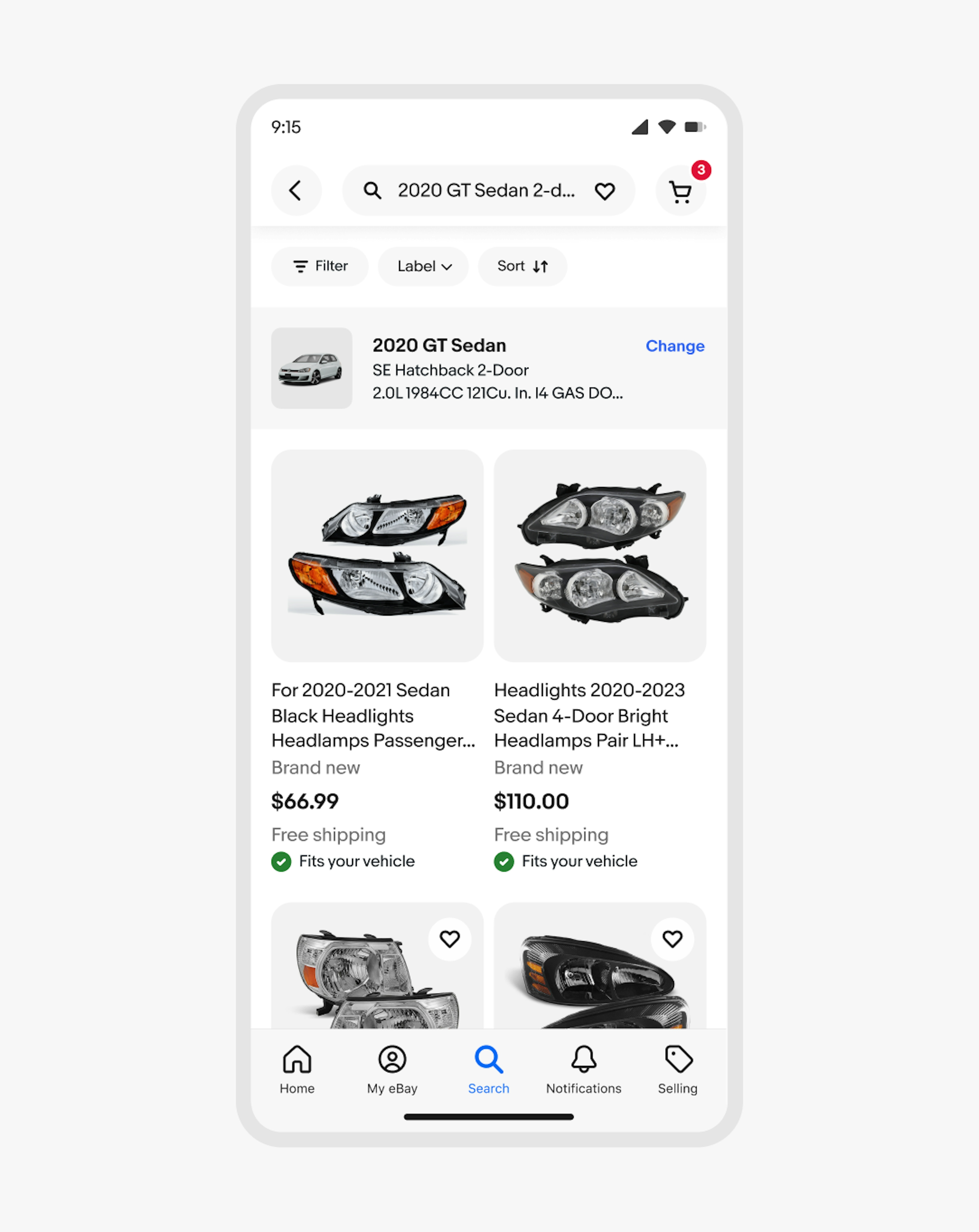 A phone screen with a search results page of car headlights. The item tiles have a confirmation indicator with the text “Fits your vehicle”.