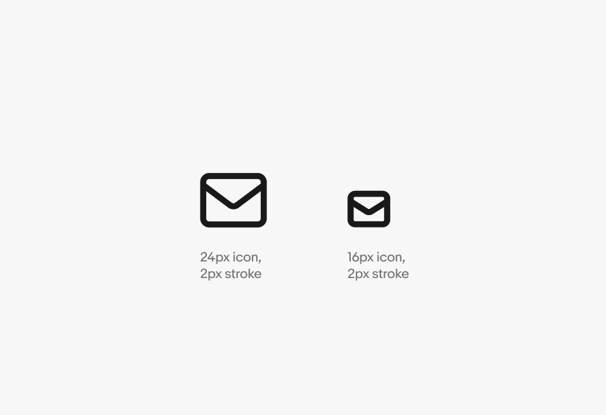 Two icons, one at 24px with a 2px stroke and the other at 16px with a 2px stroke.
