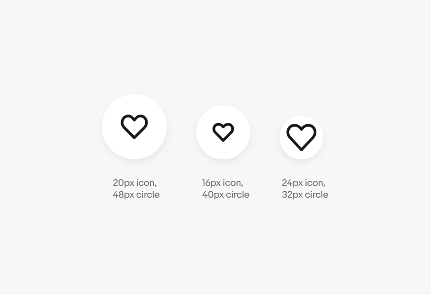 A collection of icon buttons with the improper icon sizes inside. The 48px button has a 20px icon, the 40px button has a 16px icon, and the 32px button has a 24px icon.