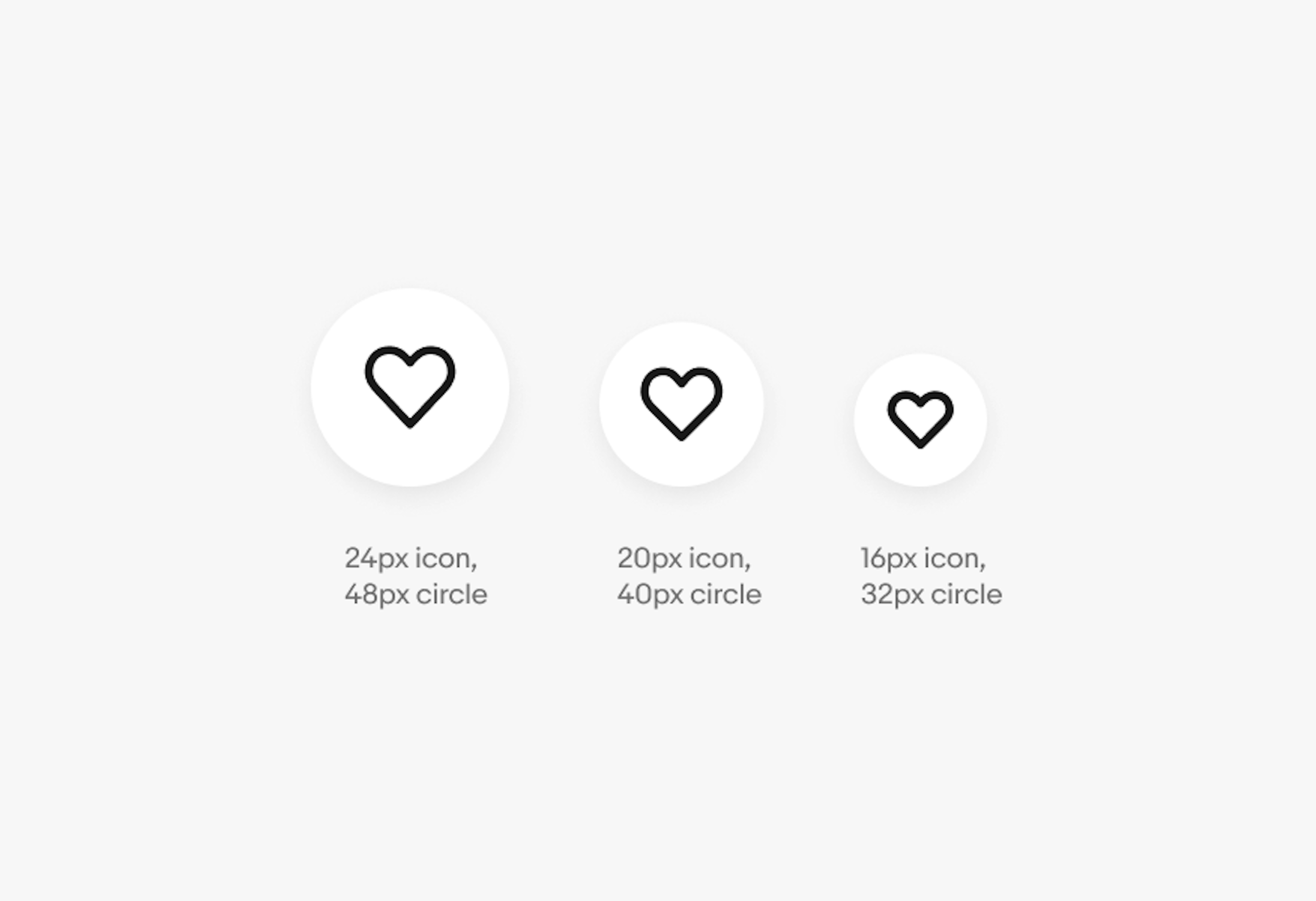 A collection of icon buttons with the proper icon sizes inside. The 48px button has a 24px icon, the 40px button has a 20px icon, and the 32px button has a 16px icon.