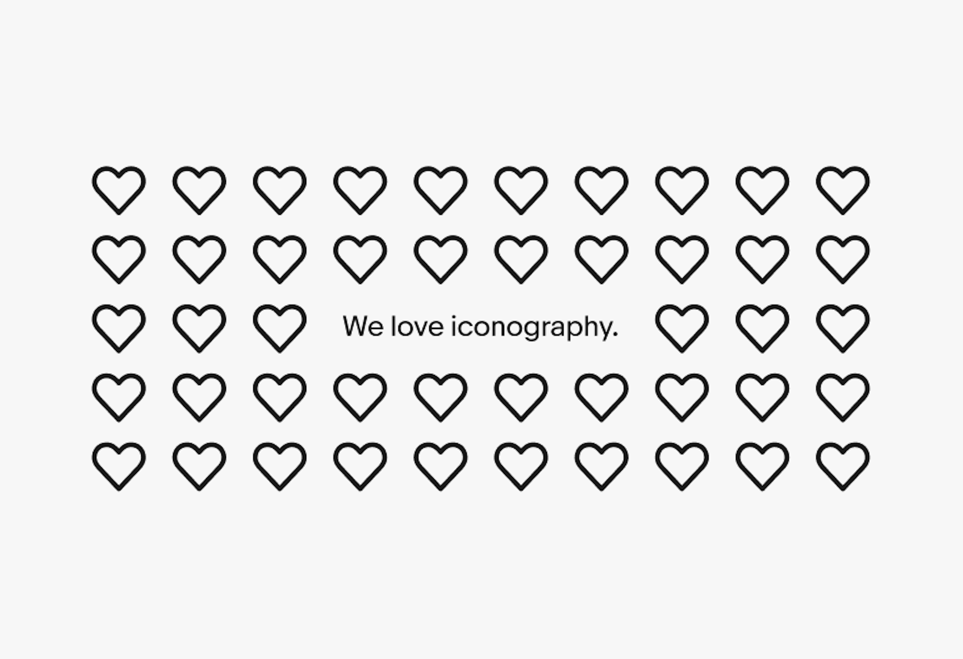 A grid of heart icons forming an image with the text “we love iconography” inside.