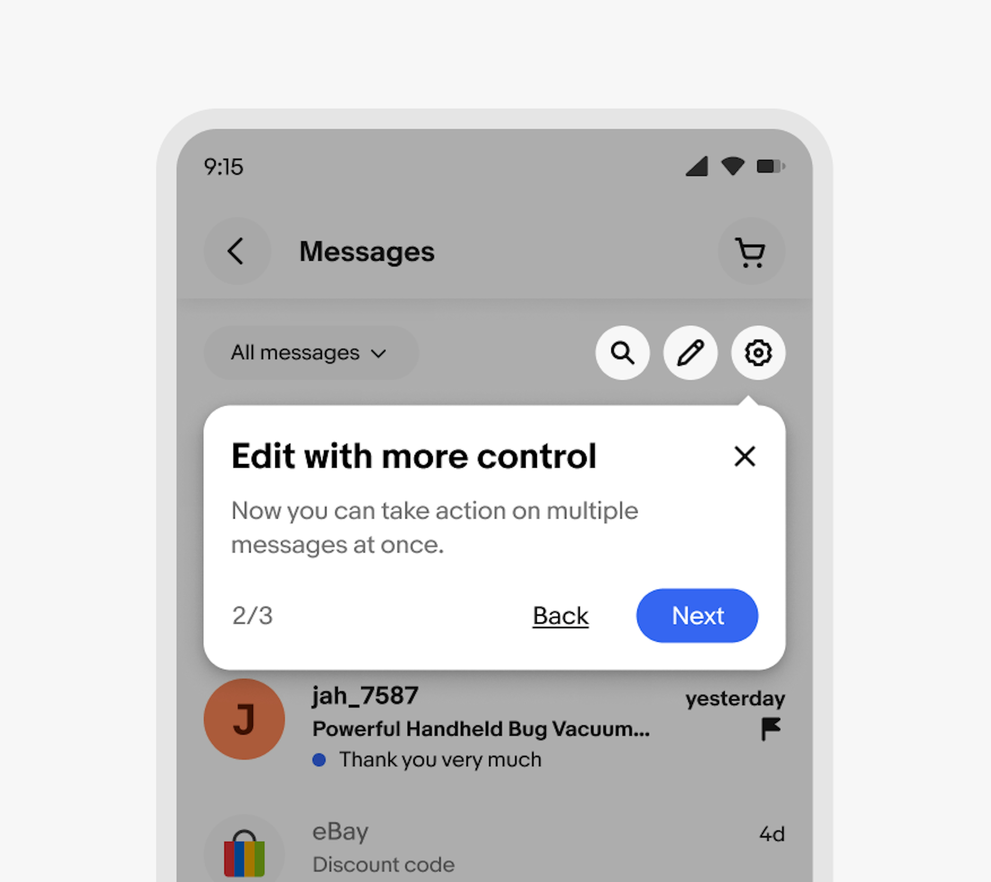 A mobile design with a tourtip. The tourtip has the title “Edit with more control” and points to three icons that are isolated. The icon buttons contain search, edit, and settings icons.