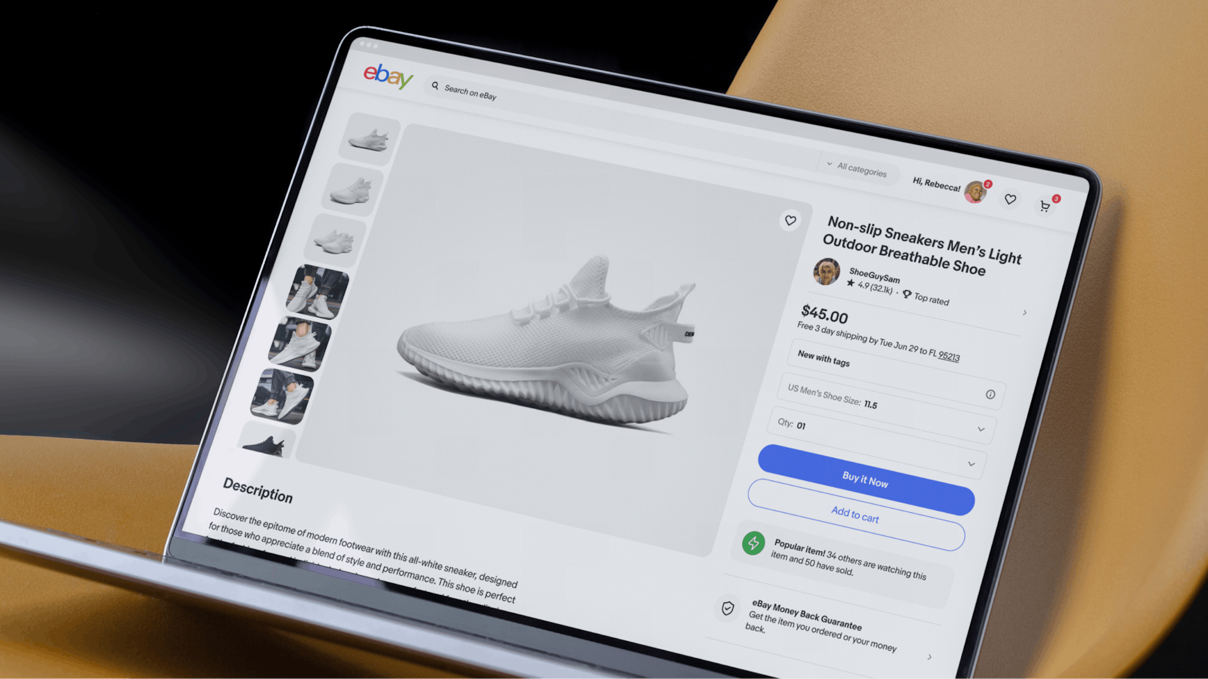 A View Item desktop design of a white modern mesh athletic shoe. Icons are used in the top navigation, next to the profile area, and in the Why to Buy area. Icons include a heart, cart, trophy, star, shield with checkmark, and truck.