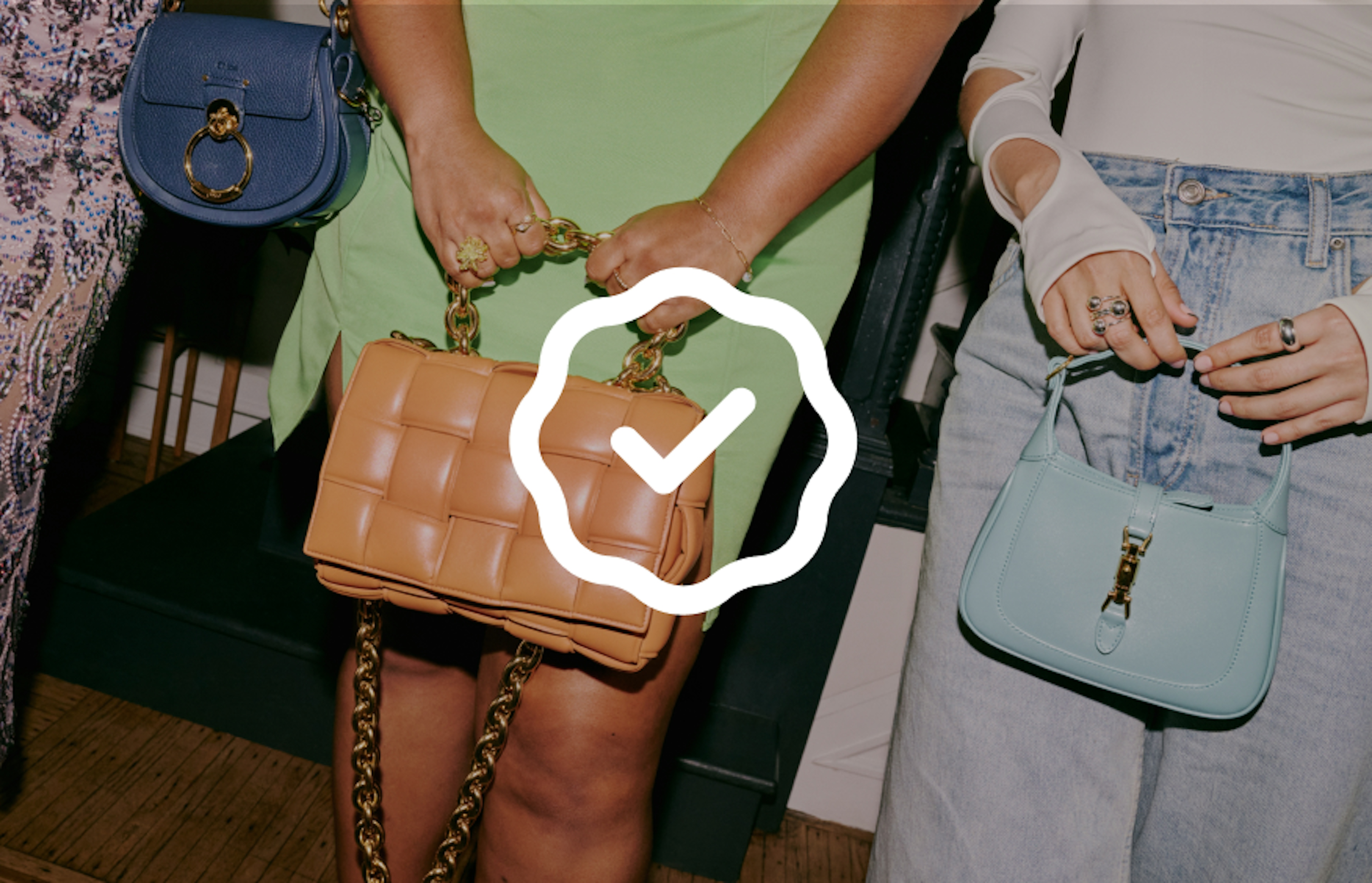 Three woman holding colorful handbags with a large Authenticity Guarantee checkmark icon placed in the middle.