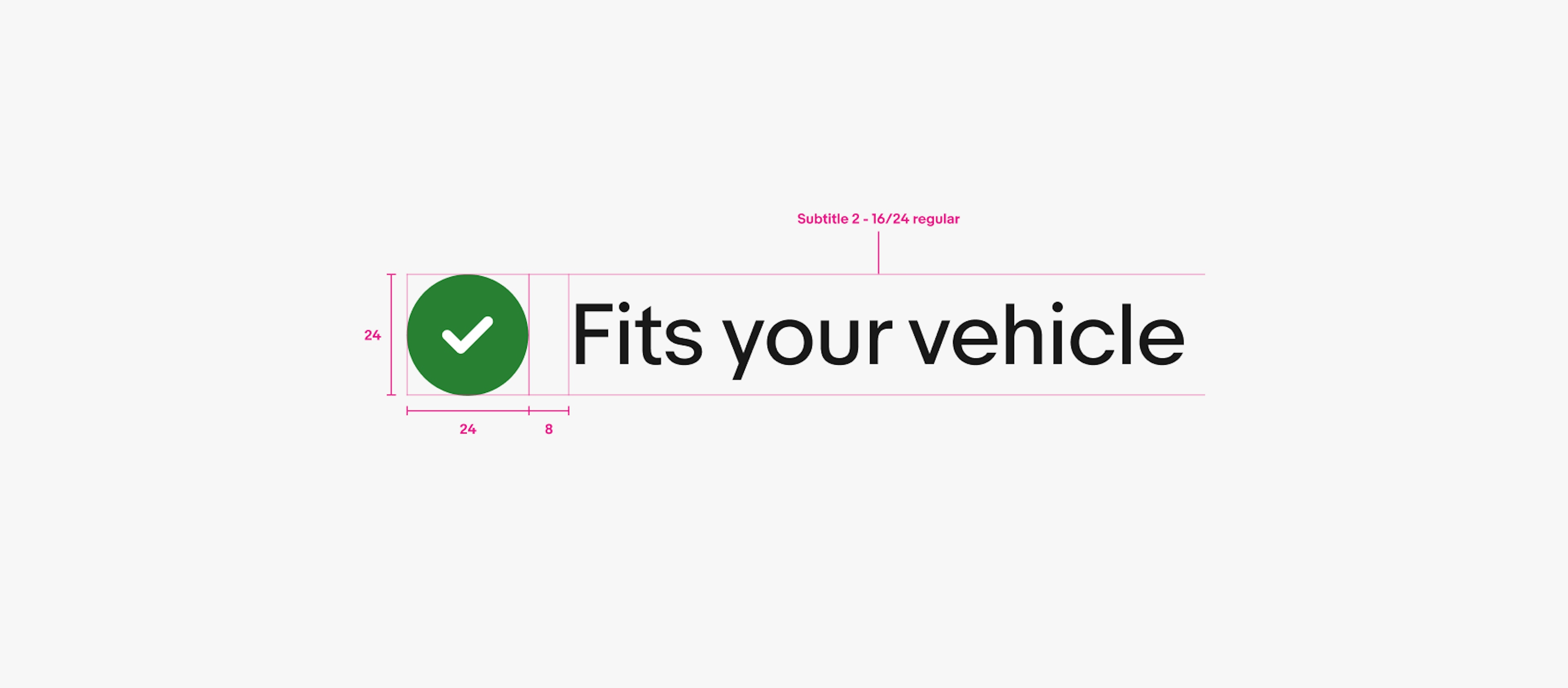 A detailed spec for a confirmation indicator combining icon and text. The green confirmation checkmark is 24px, followed by 8px of space, and then “Fits your vehicle” text using the Subtitle 2 - 16/24 regular type style.