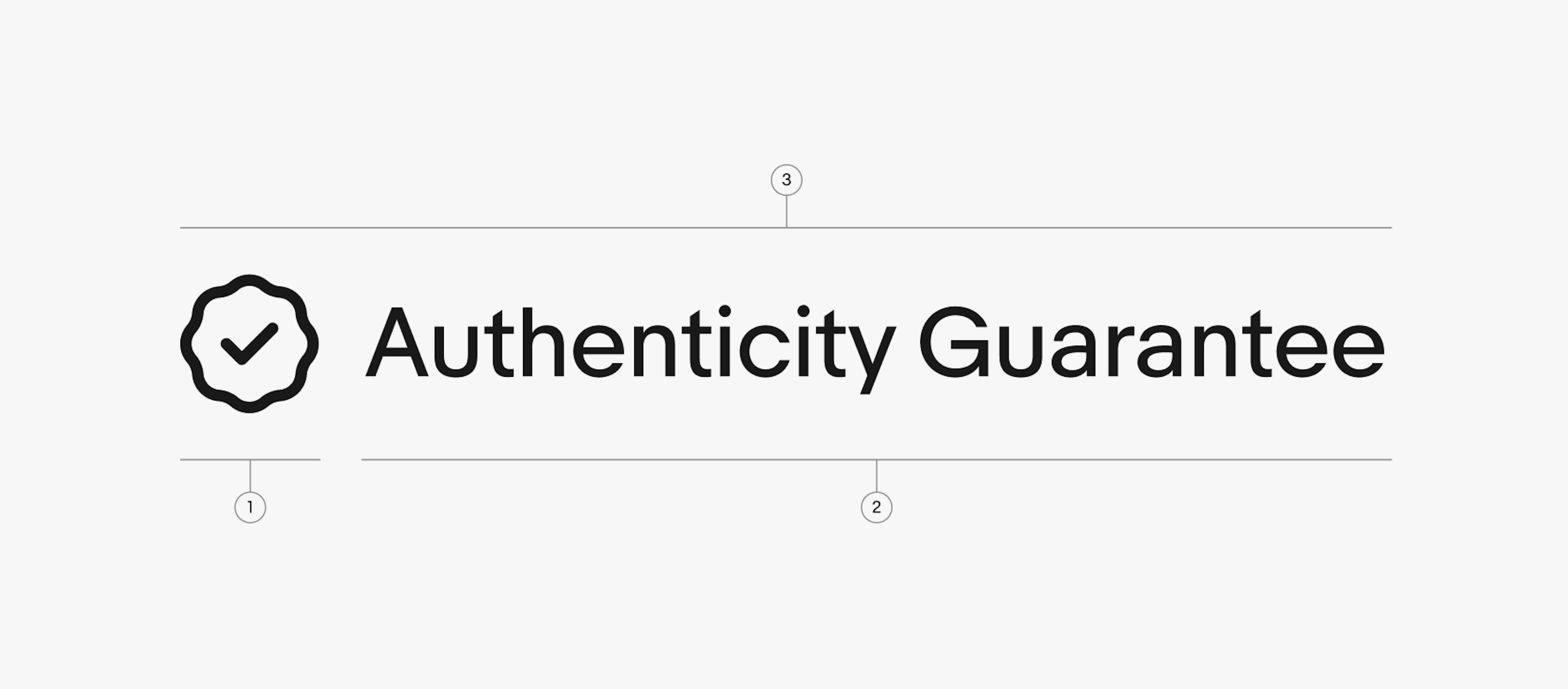 A detailed spec of a program badge lockup. Number 1 points to the program icon. Number 2 points to the program text “Authenticity Guarantee”. Number 3 points to the full lockup.