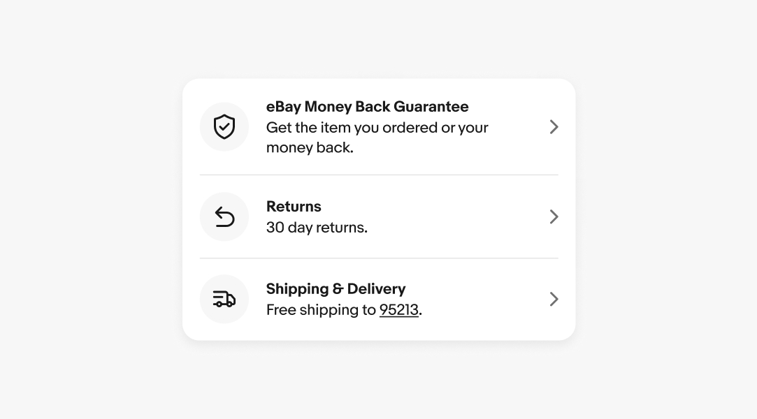 Three rows of icons stacked with descriptions and chevrons. The first row is eBay Money Back Guarantee, the second is Returns, and the third is Shipping & Delivery. All icons are black.