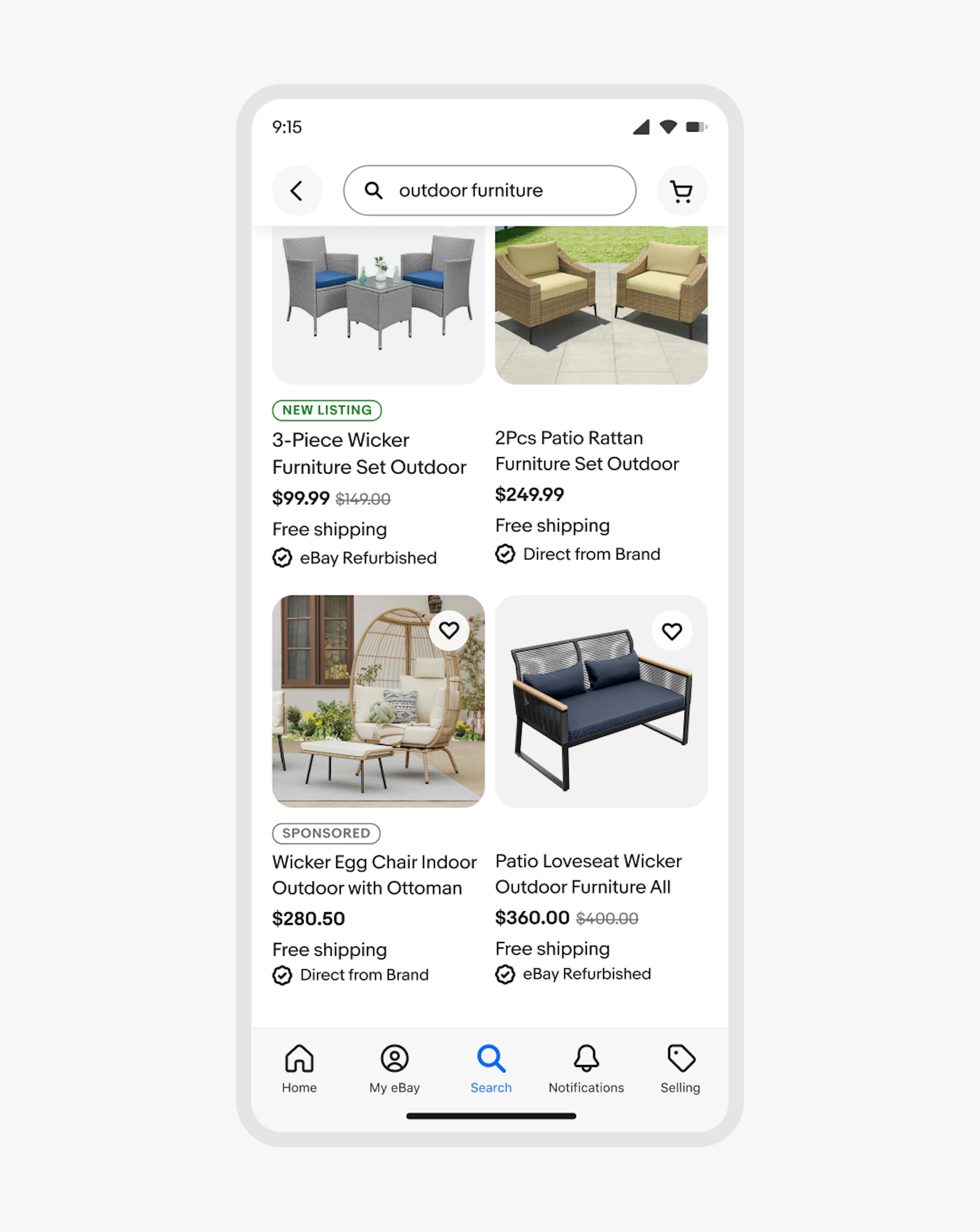 A search results page for outdoor furniture. Each item tile has a program badge lockup with black icons.