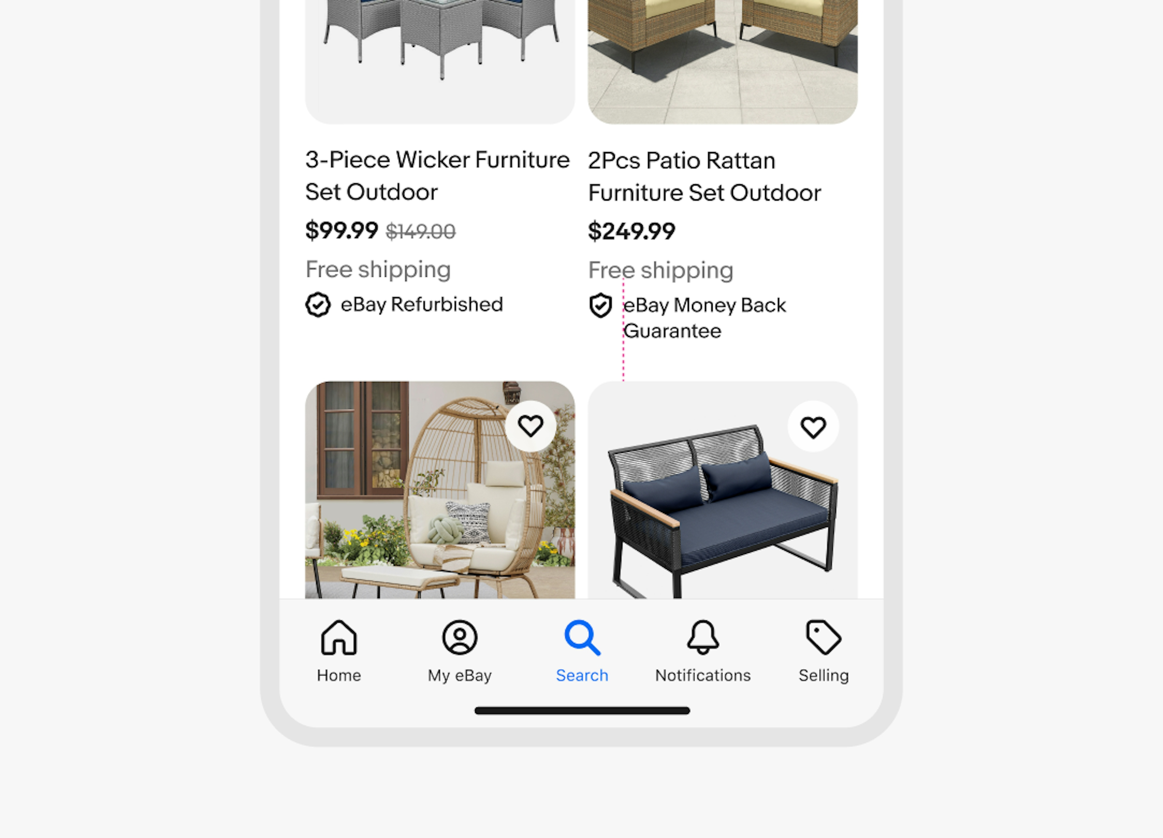 A search results page for outdoor furniture. One of the item tiles has a wrapping program name with text left-aligned on the right side of the icon.