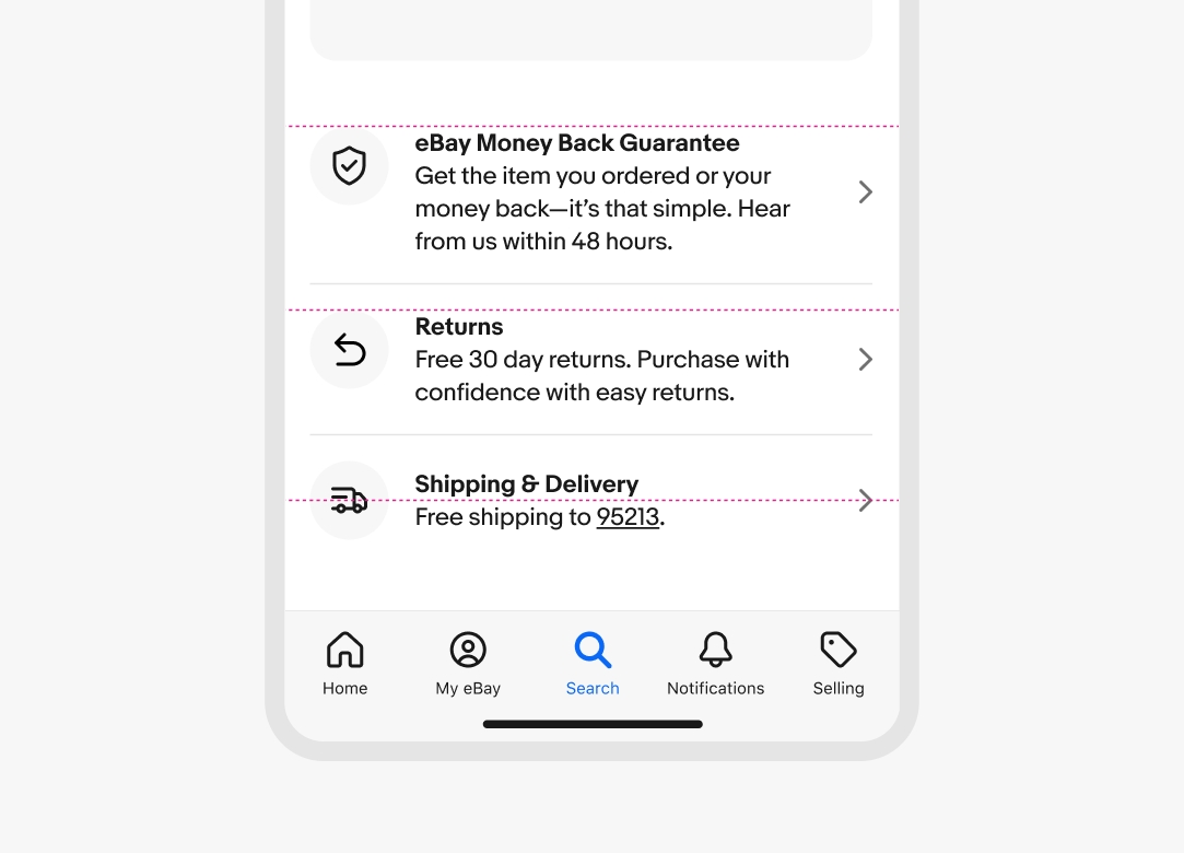 Three rows of icons, description text, and chevrons. The first row has 4 lines of text and the icon is top aligned. The second row has 3 lines of text and the icon is top aligned. The third row has two lines of text and the icon is center middle-aligned.