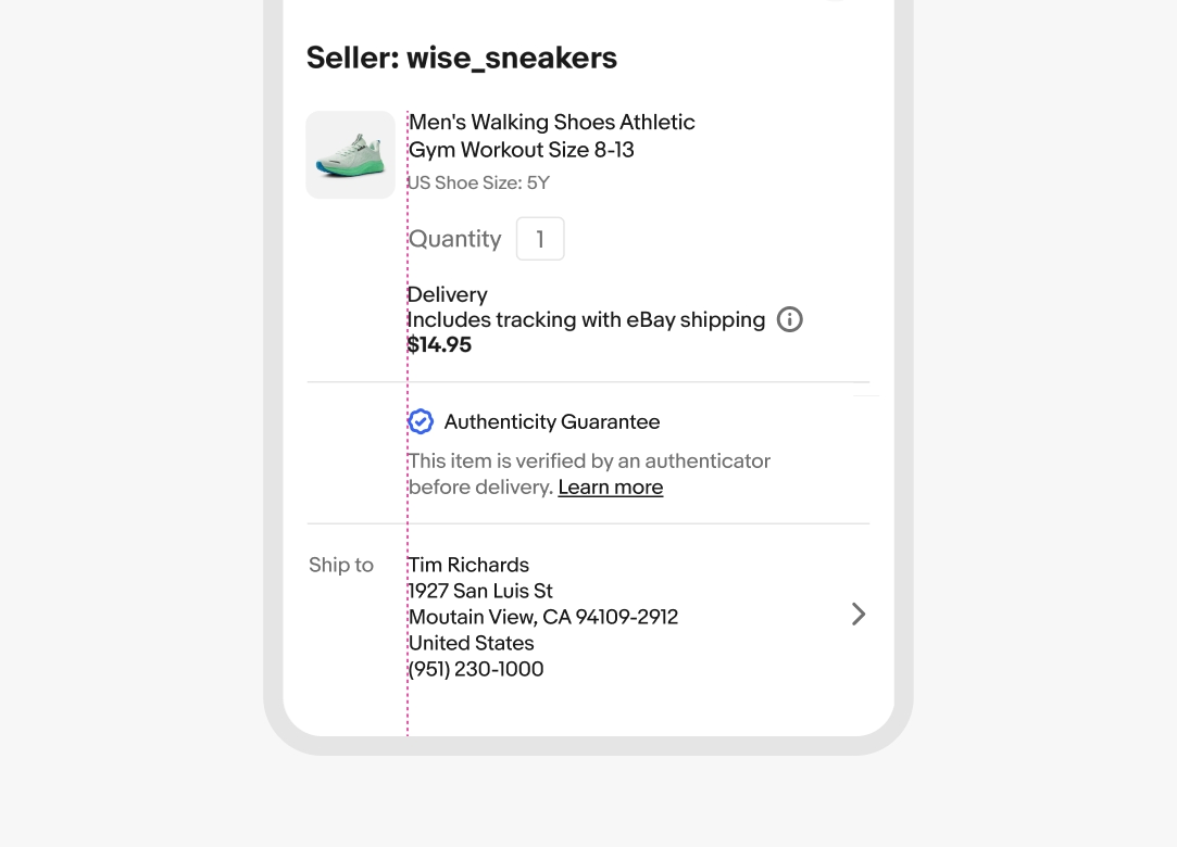 An Authenticity Guarantee program badge with support copy stacked beneath it. The text is left aligned with the icon.