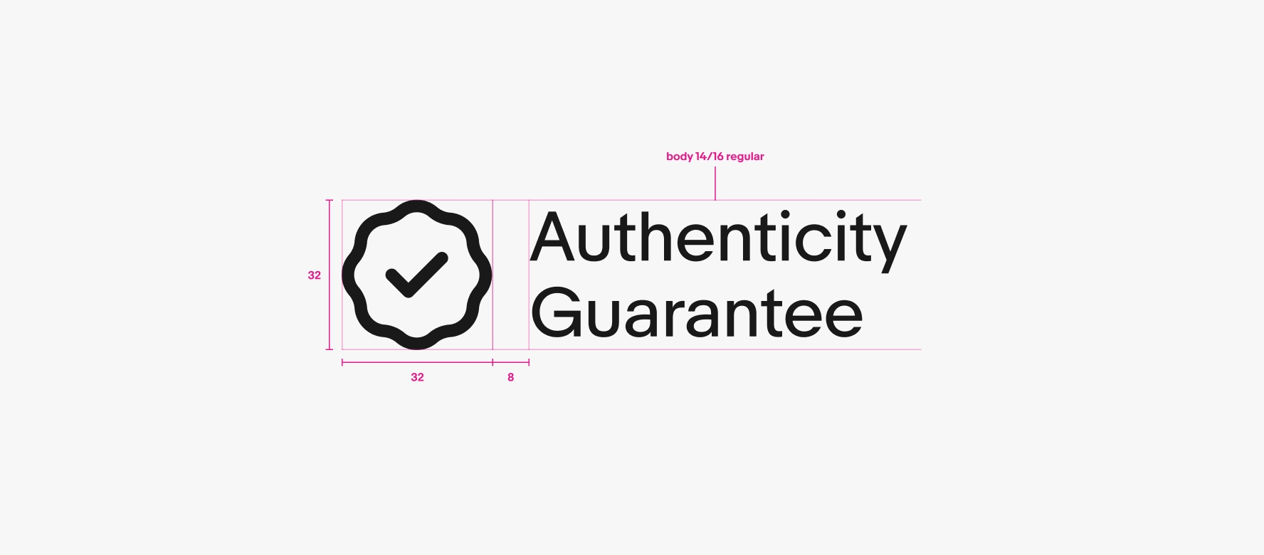 A detailed spec of a double line program badge lockup. From left to right is a 32px icon, 8px of space, and text using an altered body - 14/16 regular text style.