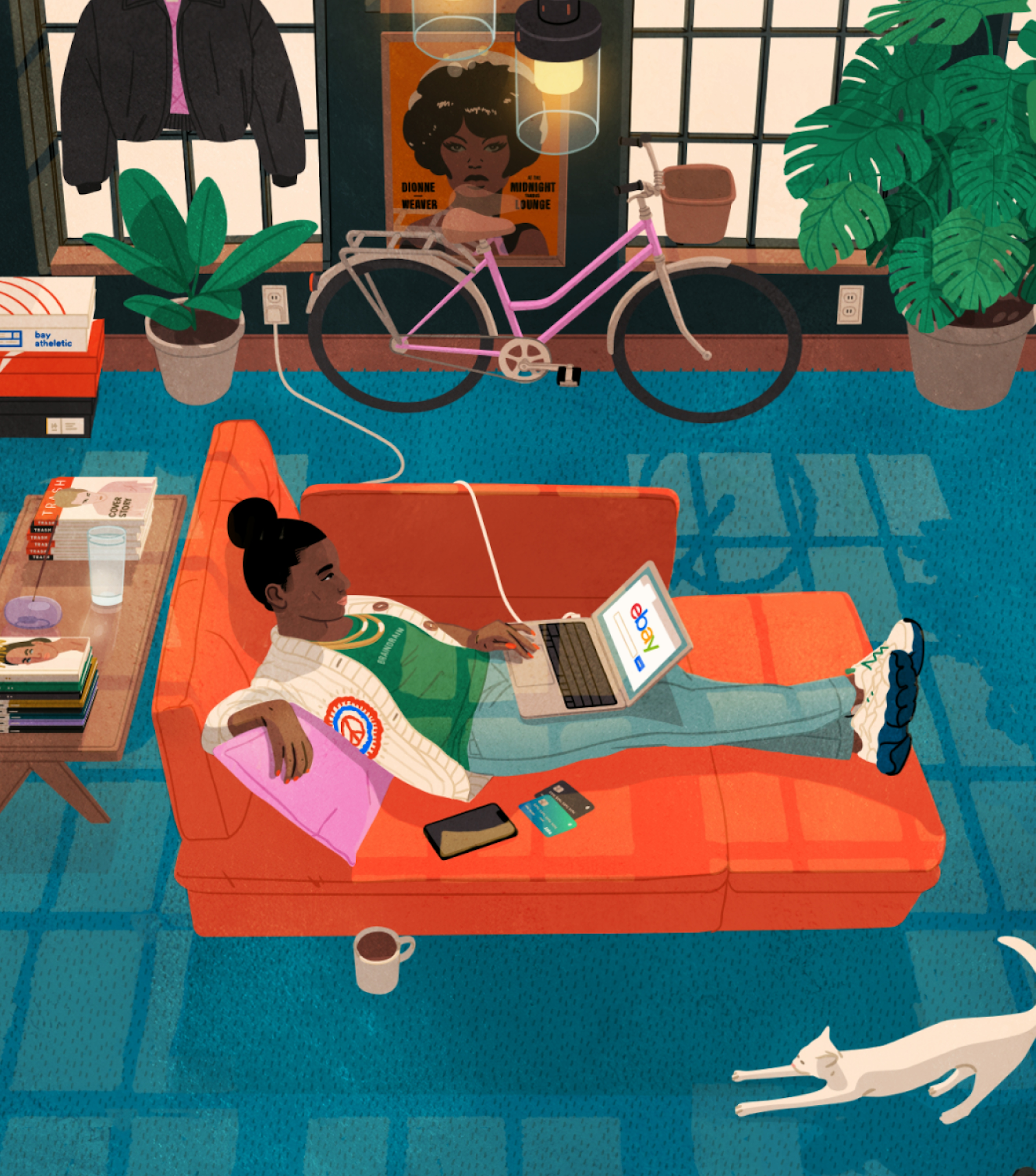 An illustrated scene of a woman lying down on a bright orange sofa scrolling on her computer. She is in a stylish apartment with a bike, plants, cat, table, and bright blue rug.